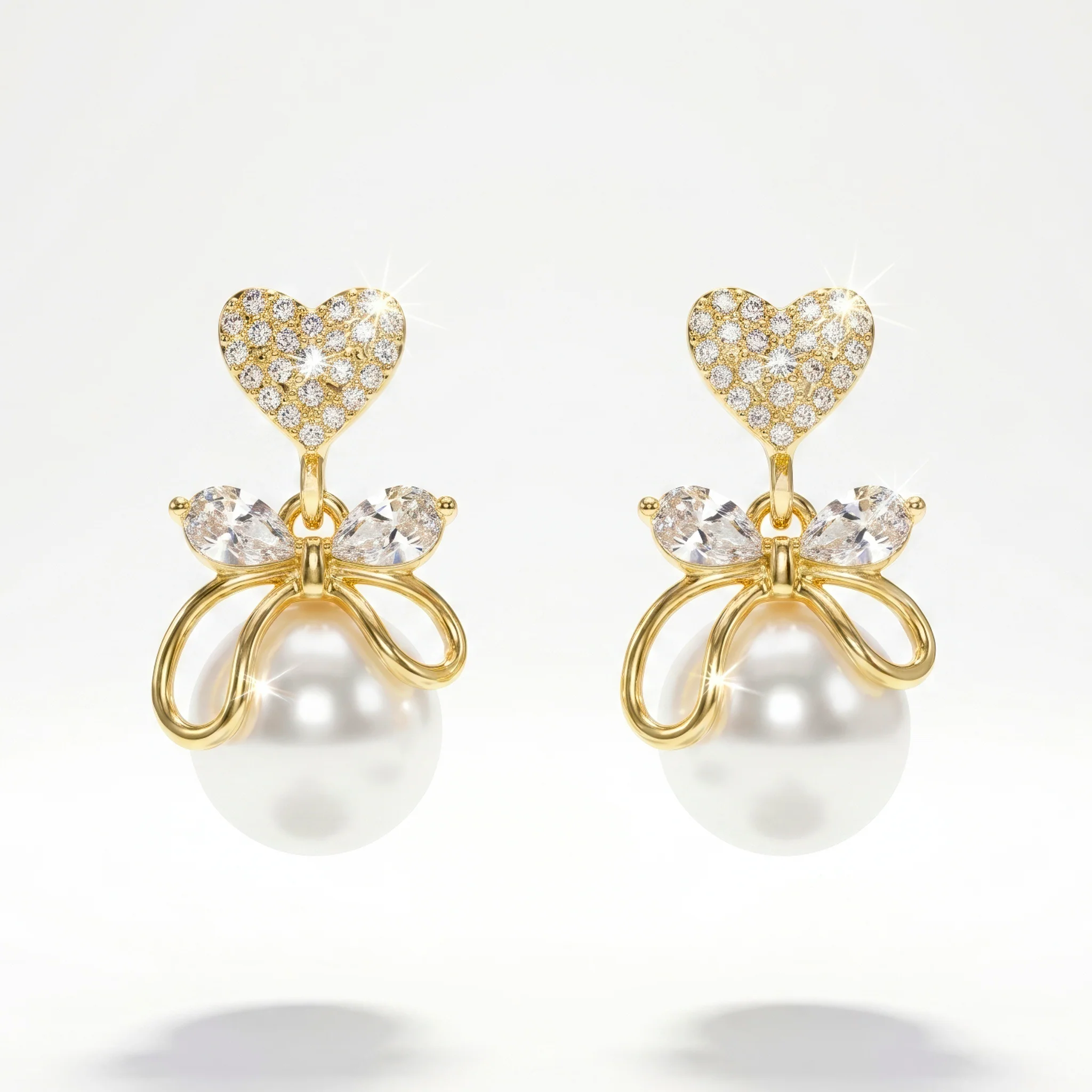 PRAO Earrings Anti-Tarnish Heart Bow Faux Pearl Studs - Image 2