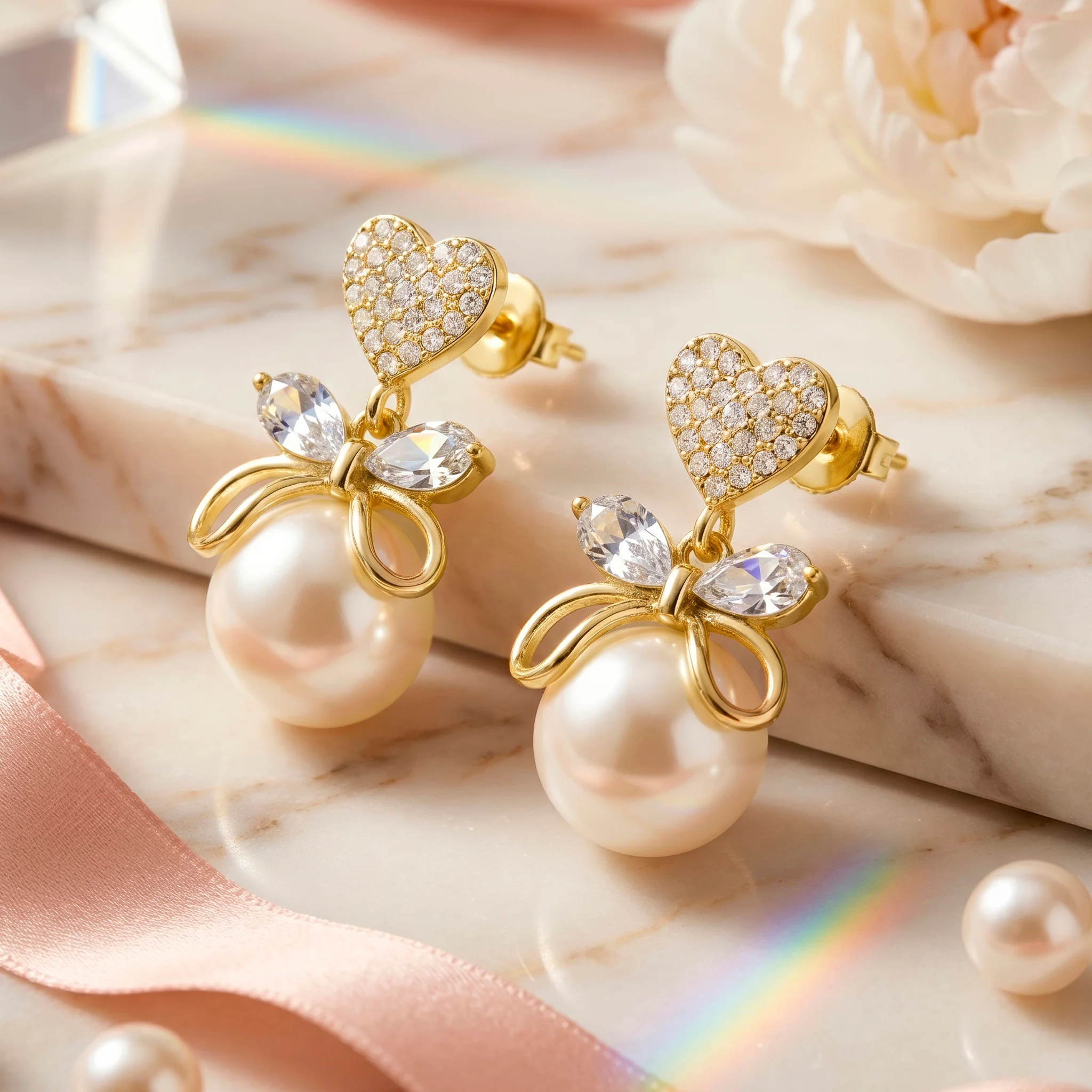 PRAO Earrings Anti-Tarnish Heart Bow Faux Pearl Studs - Image 3