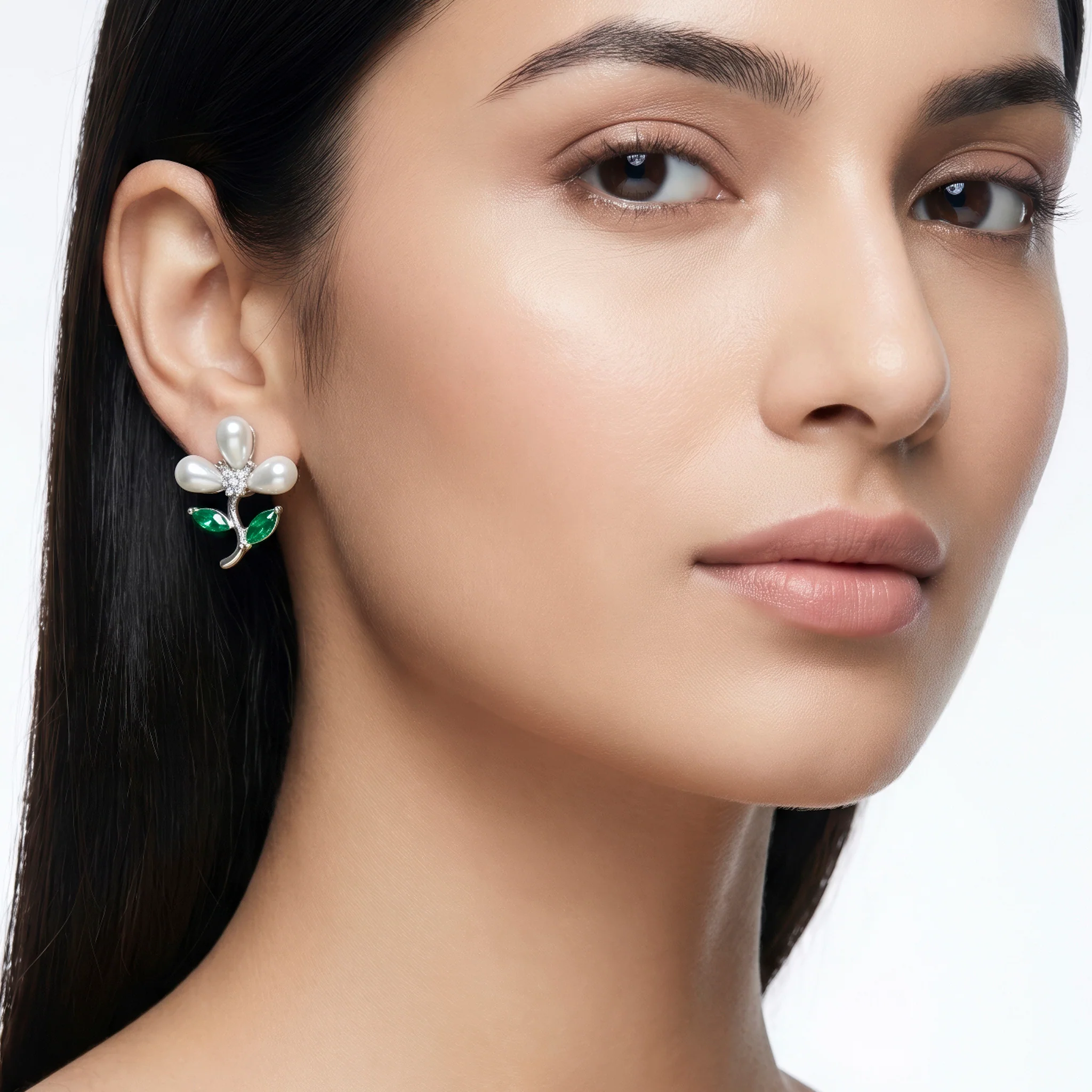 PRAO Earrings Anti-Tarnish Floral With Green Crystal Accents - Image 2