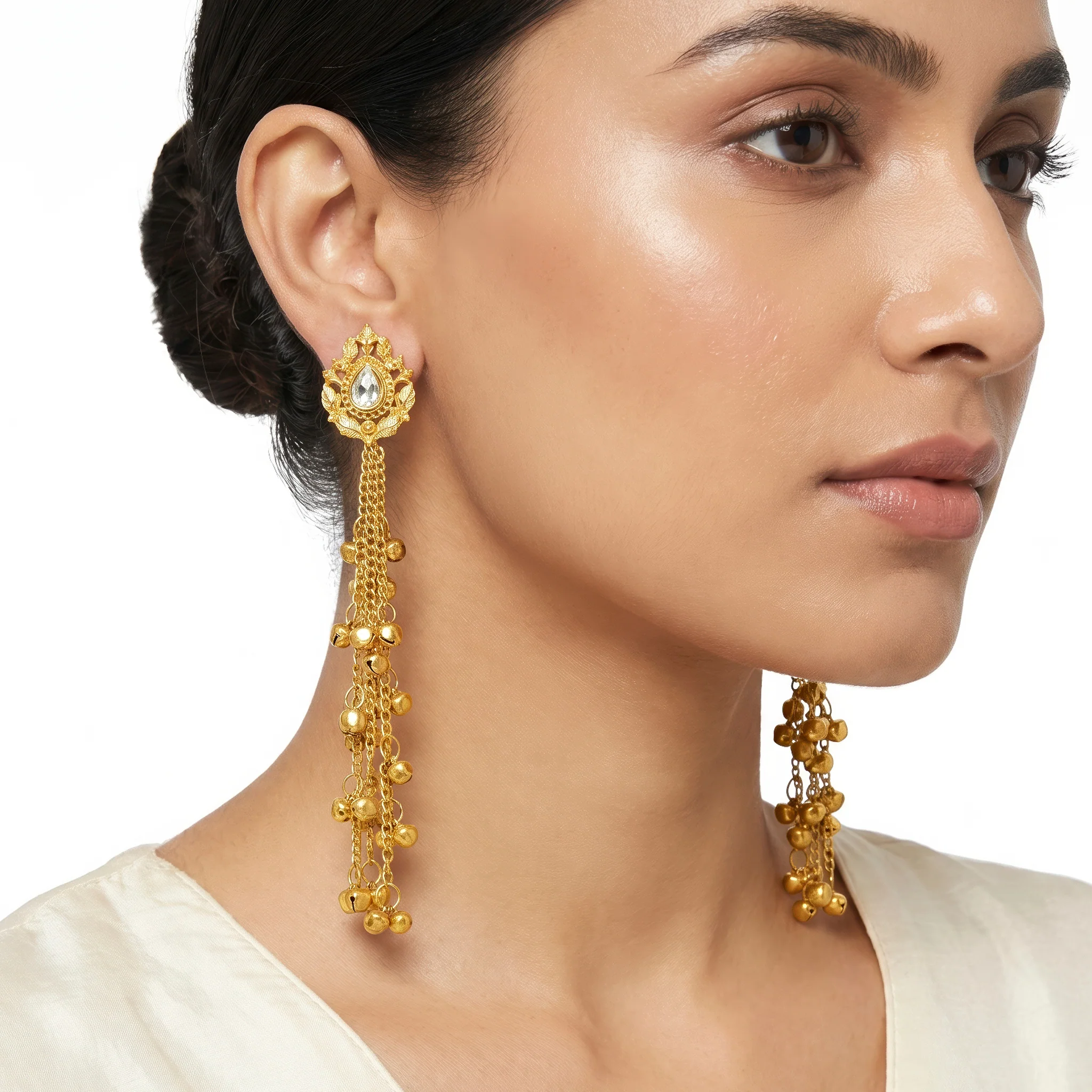 PRAO Earrings Anti-Tarnish Extra-Long Kashmiri Leafy Crystal Tops - Image 2