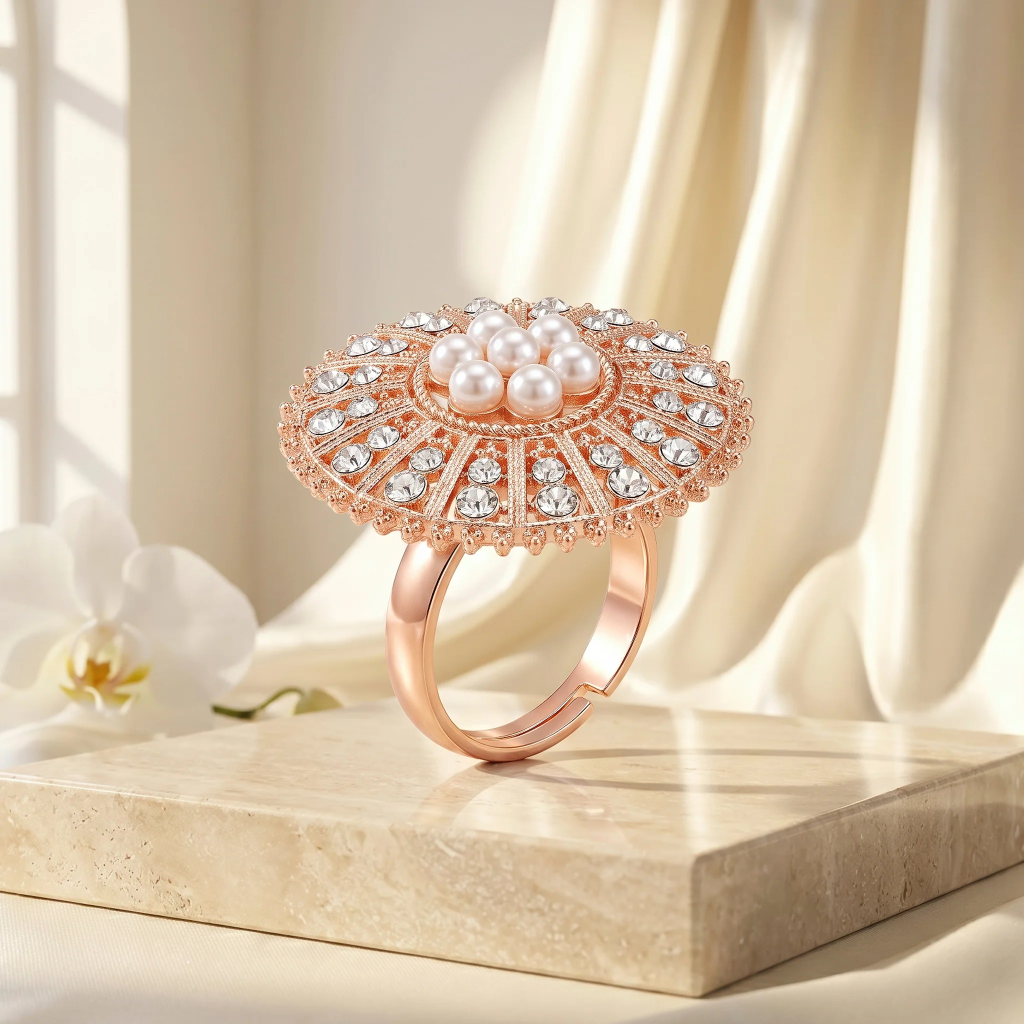 PRAO Ring Anti-Tarnish Pearl Sunburst Floral (Adjustable Size) - Image 4