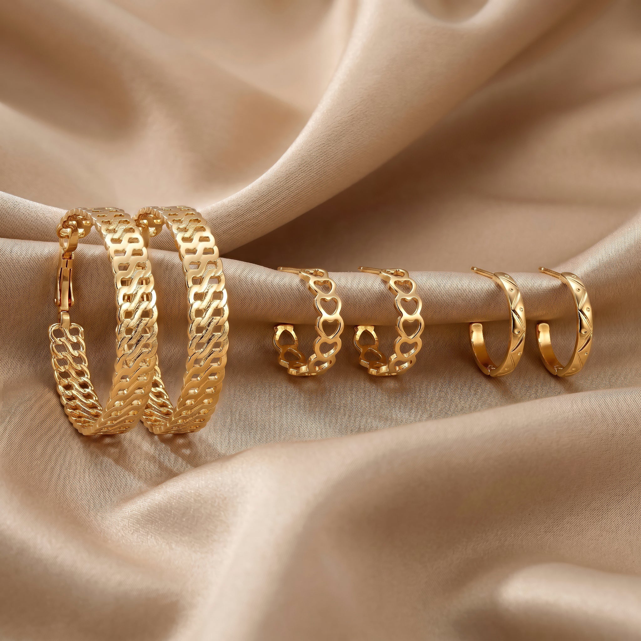 PRAO 3 Earrings Anti-Tarnish Chain Link Hoop Set With Heart Huggies - Image 4