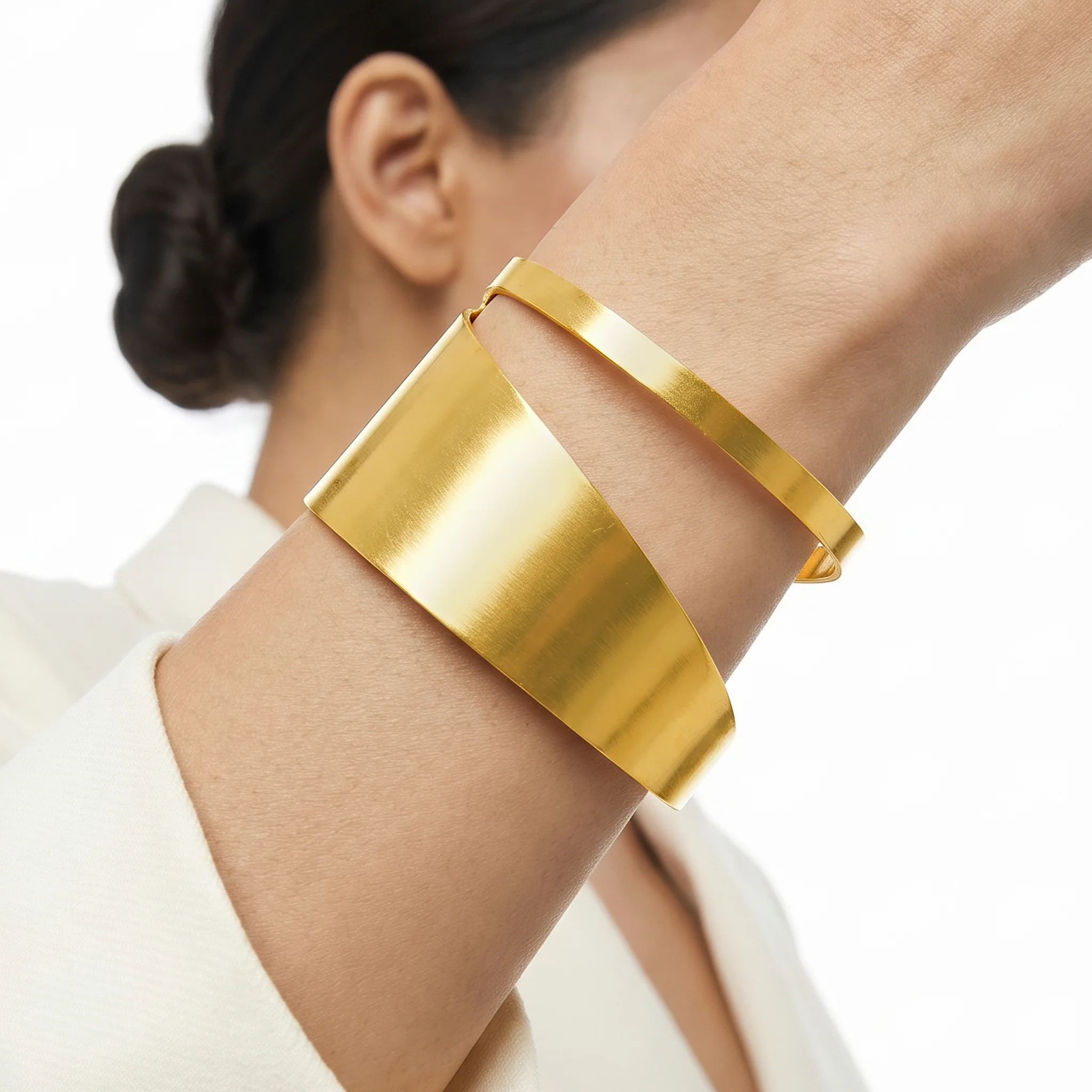 PRAO Bracelet Anti-Tarnish Golden Sculptural Open-Cuff (Adjustable Size) - Image 2
