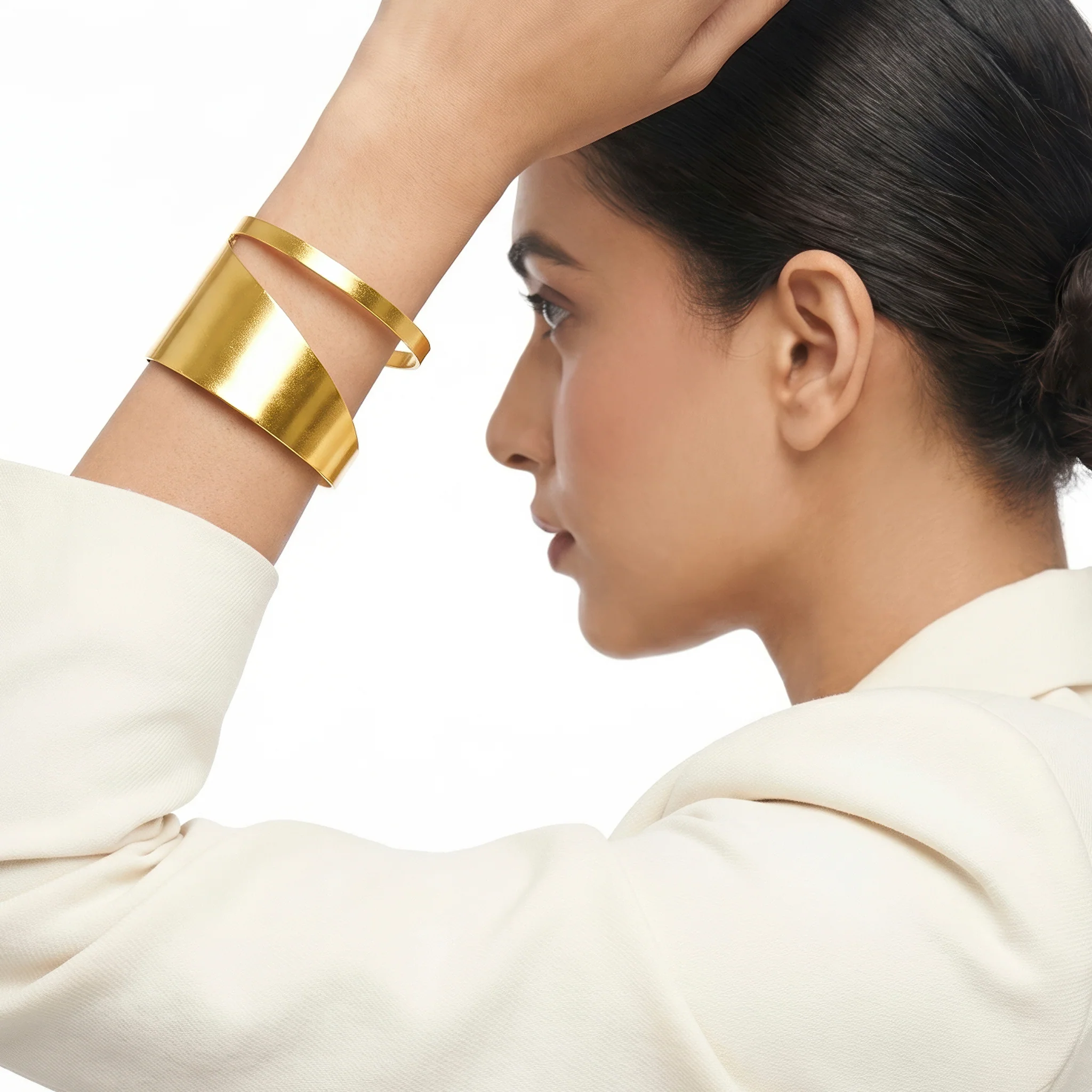 PRAO Bracelet Anti-Tarnish Golden Sculptural Open-Cuff (Adjustable Size) - Image 3