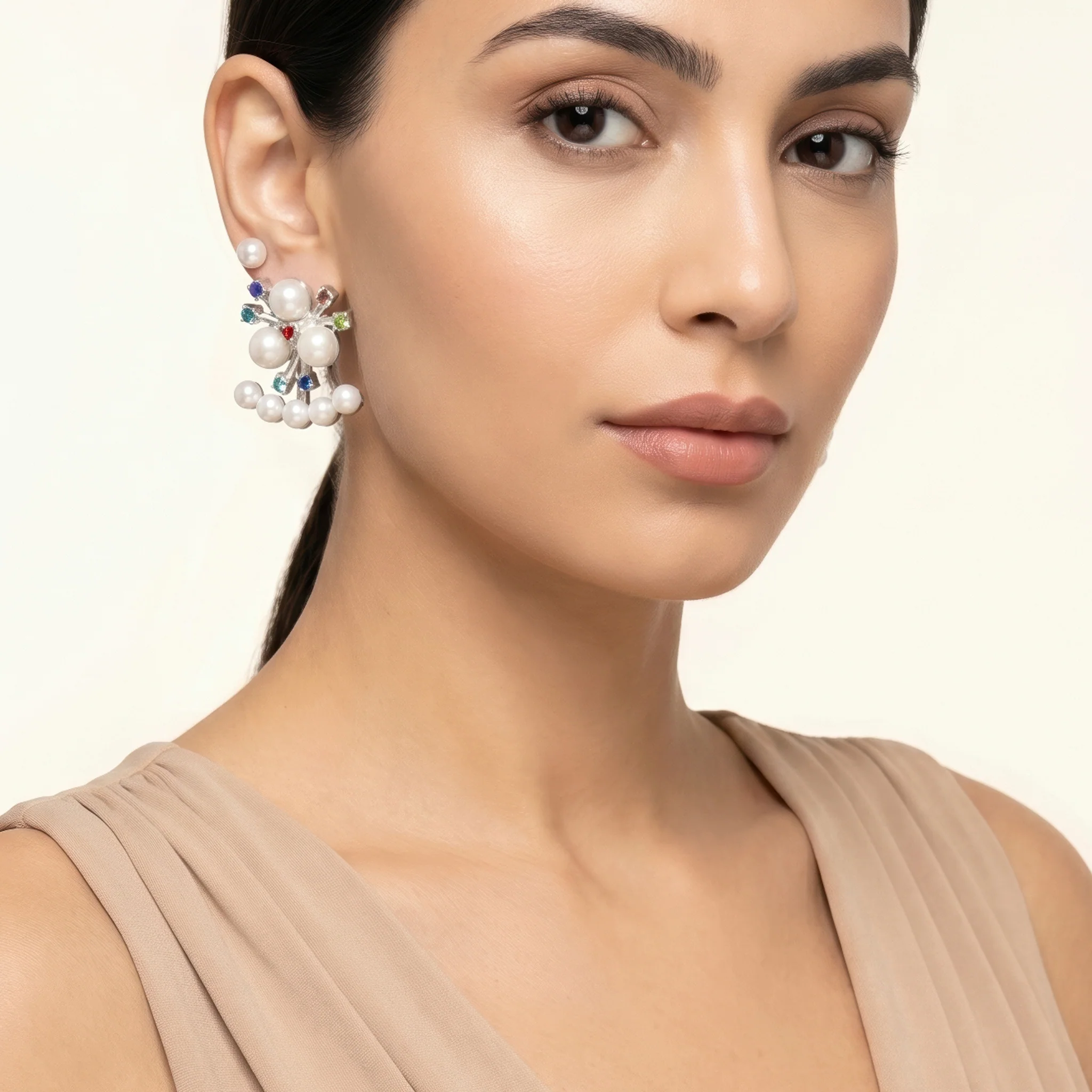 PRAO Earrings Anti-Tarnish Convertible Multi Colored Bouqette Faux Pearl - Image 2