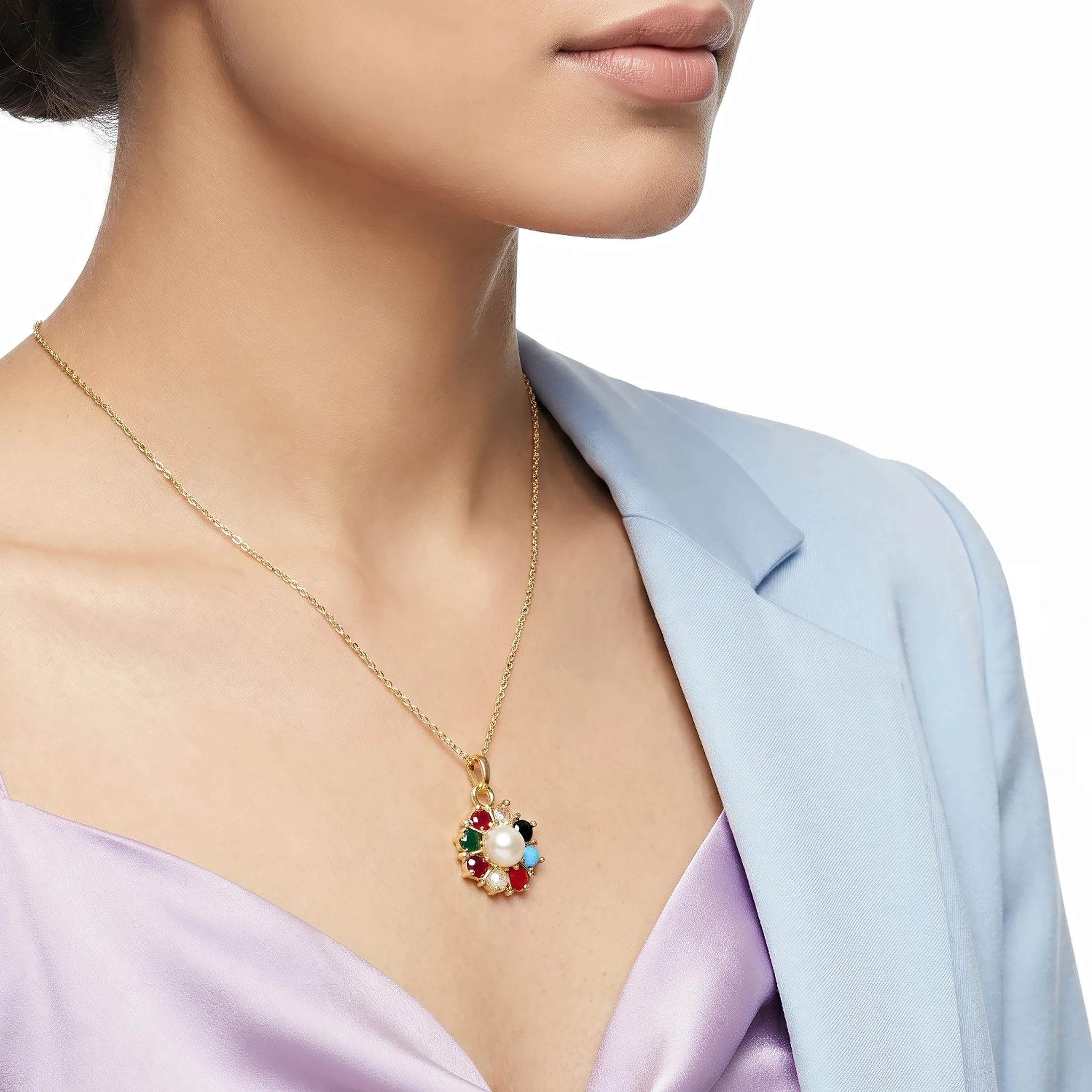 PRAO Necklace Anti-Tarnish Multicolor Floral Pendant Pearl - Image 3