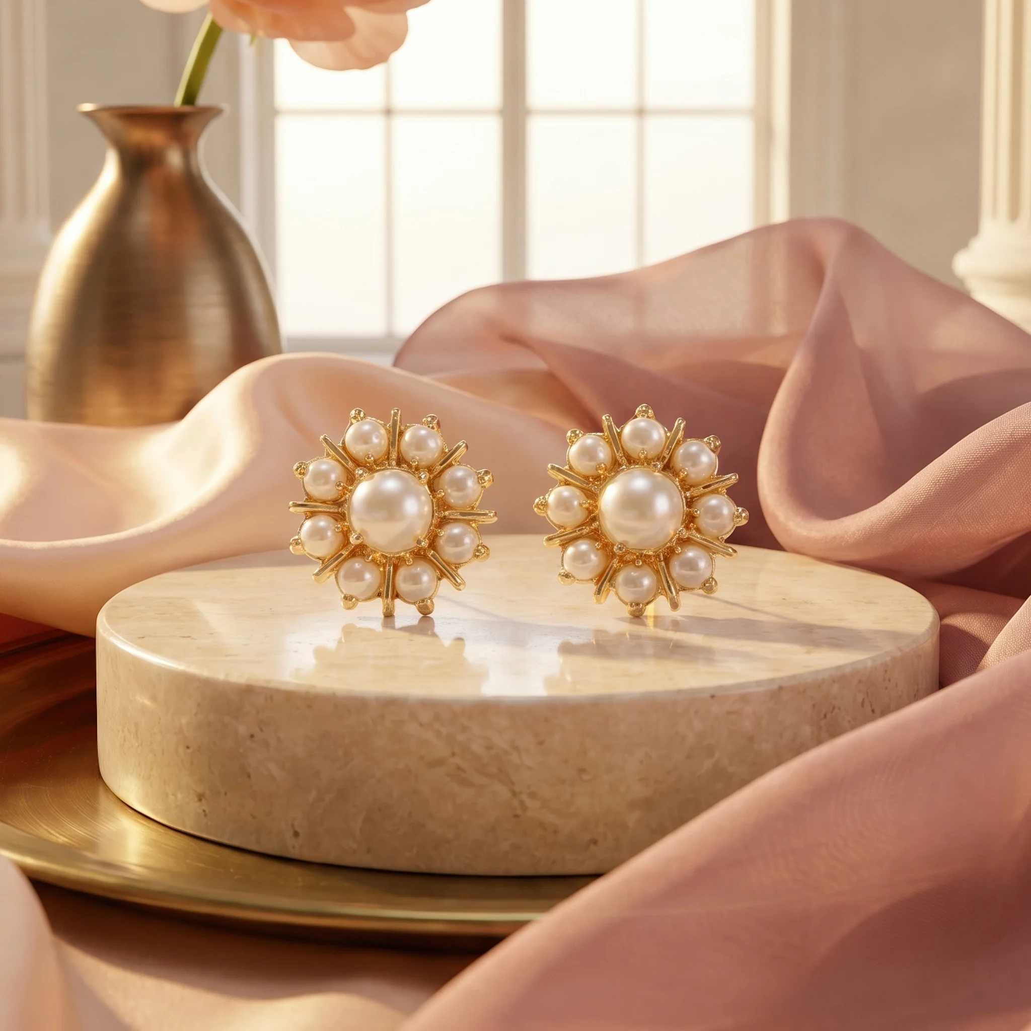 PRAO Earrings Anti-Tarnish Floral Sunburst Pearl Studs - Image 4