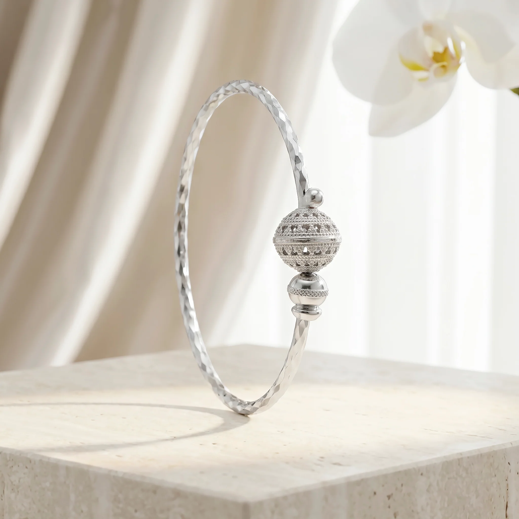 PRAO Bracelet Anti-Tarnish Textured Bangle Filigree Bead Design (Adjustable Size) - Image 4