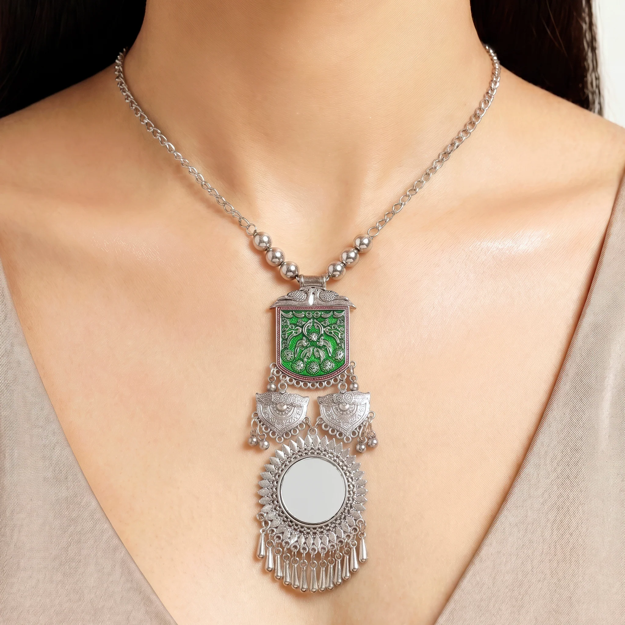 PRAO Necklace Anti-Tarnish Green Enamel Oxidized Set With Earrings - Image 2