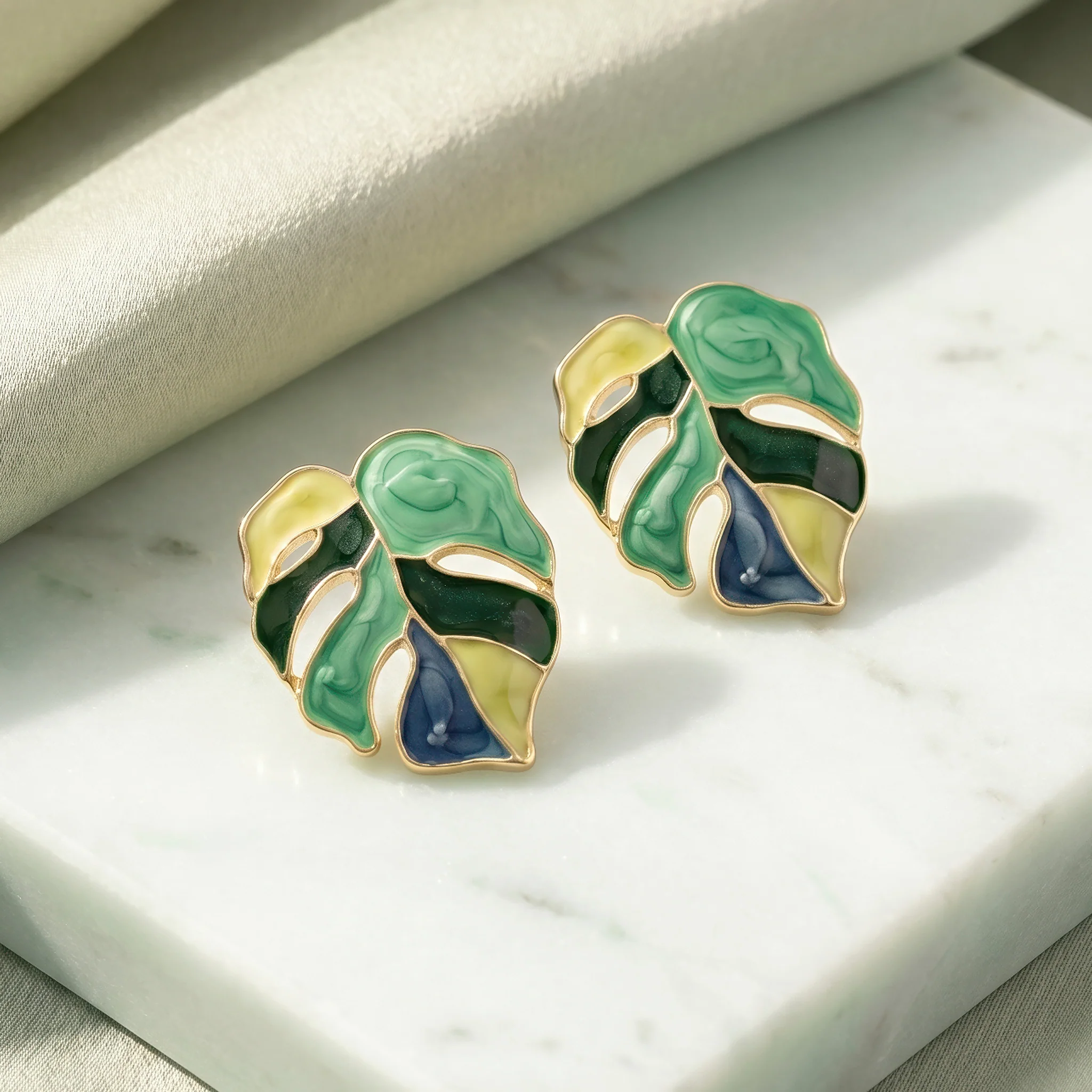 PRAO Earrings Anti-Tarnish Monstera Enamel Studs - Image 4