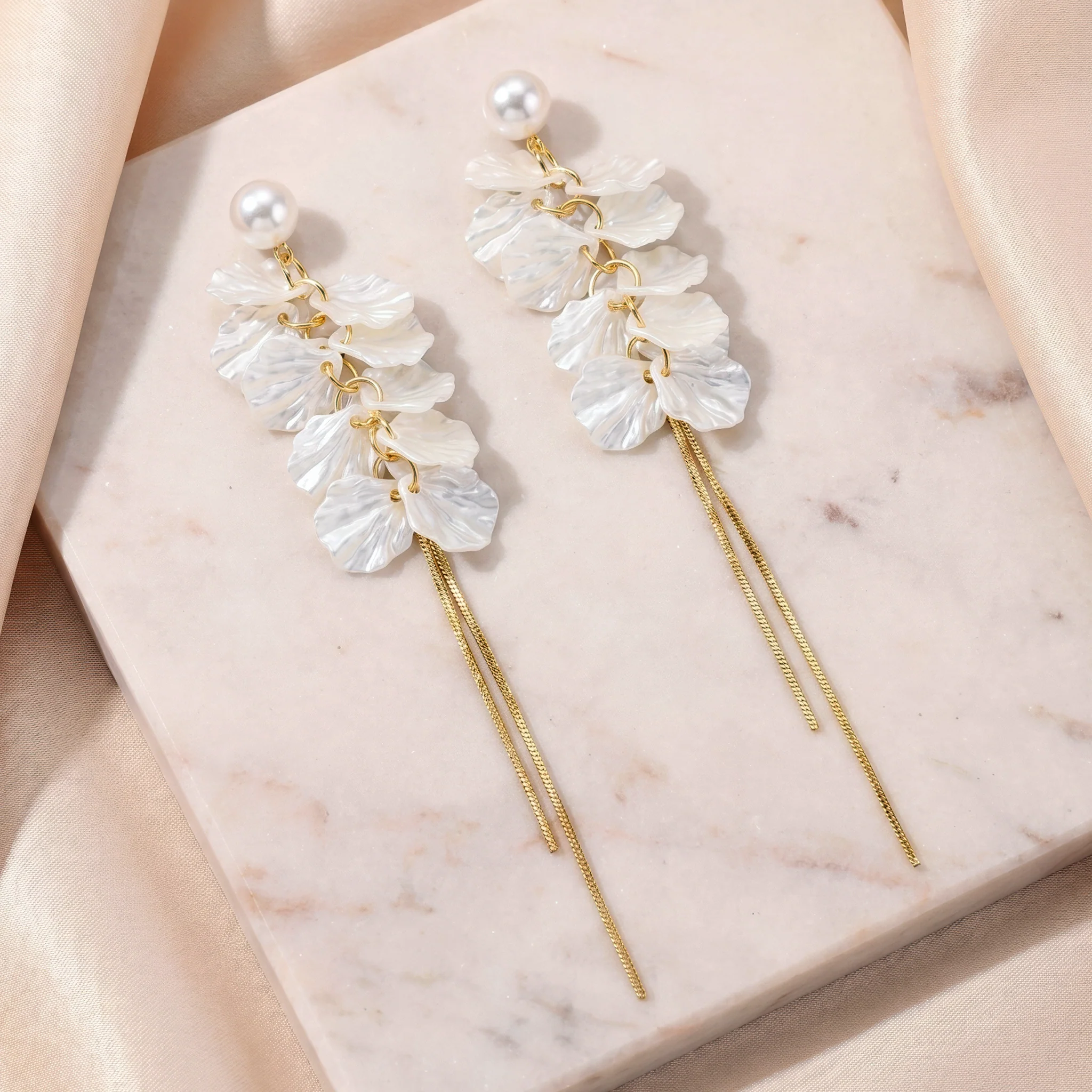 PRAO Earrings Anti-Tarnish Pearl Petal Tassel - Image 4