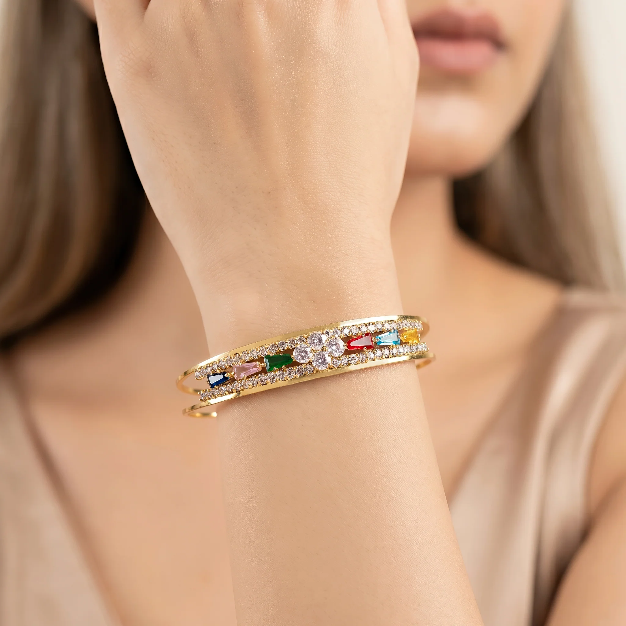 PRAO Bracelet Anti-Tarnish Adjustable Floral Rhinestone Bangle (Adjustable Size) - Image 2