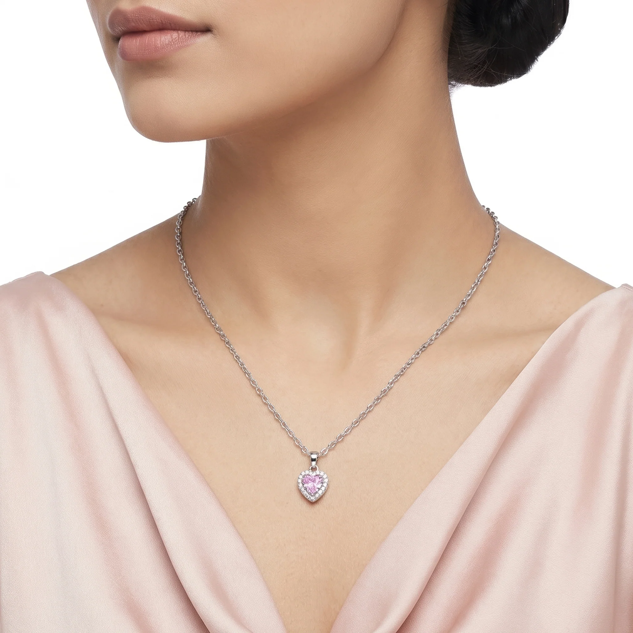 PRAO Necklace Anti-Tarnish Pink Heart Stone Pendant - Image 2