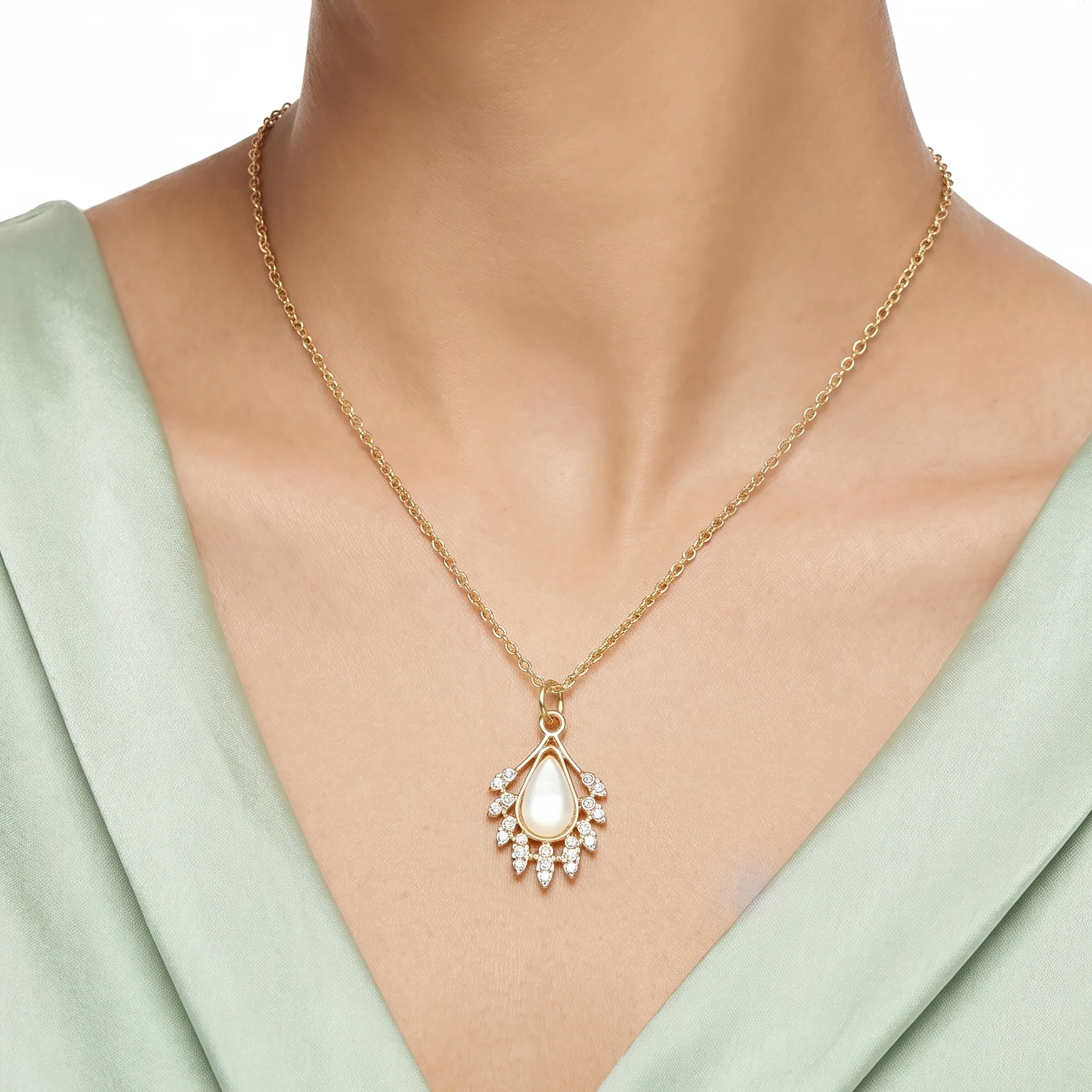 PRAO Necklace Anti-Tarnish Monalisa Stone Teardrop Pendant