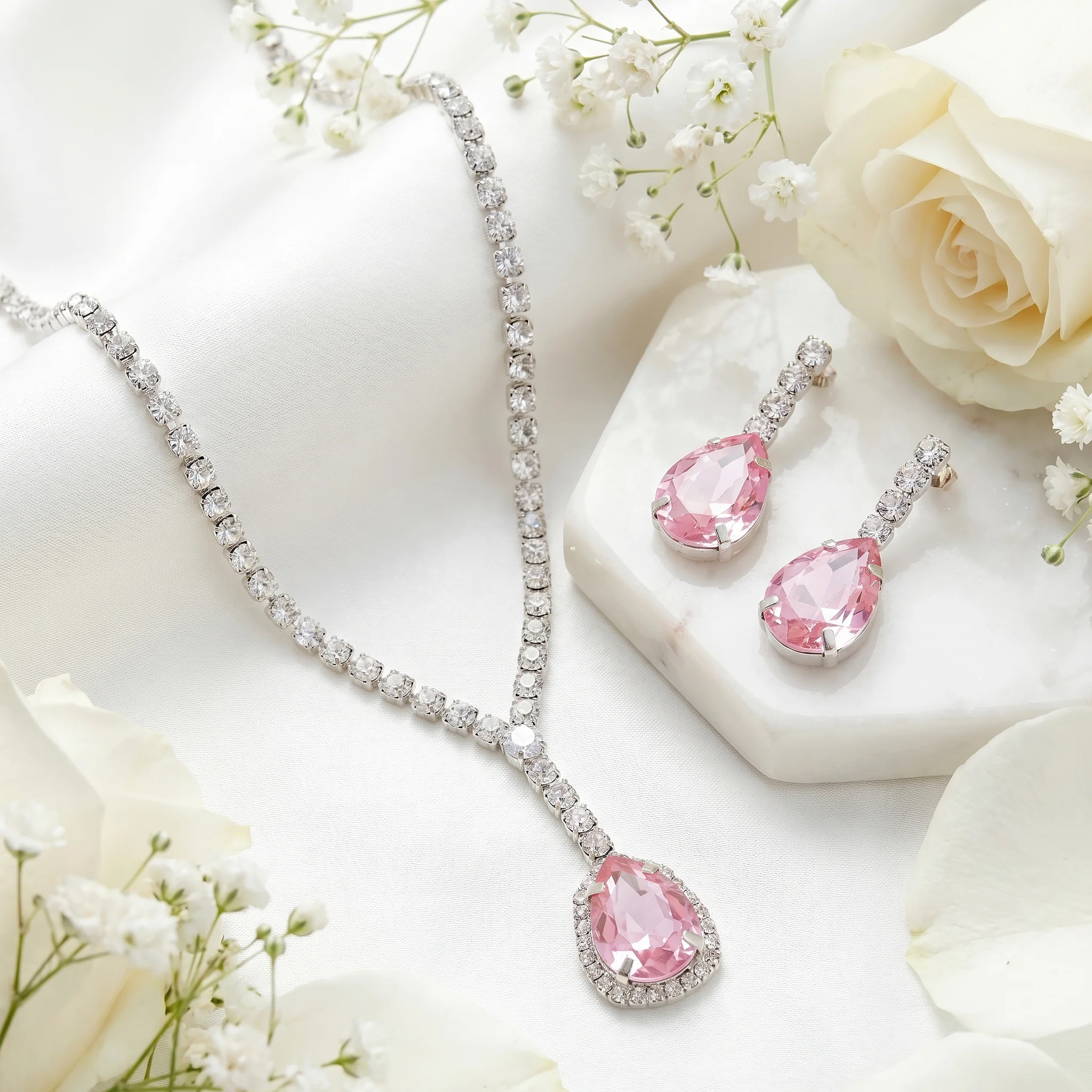 PRAO Necklace Anti-Tarnish Vintage Rose Teardrop Crystal Set With Earrings - Image 5