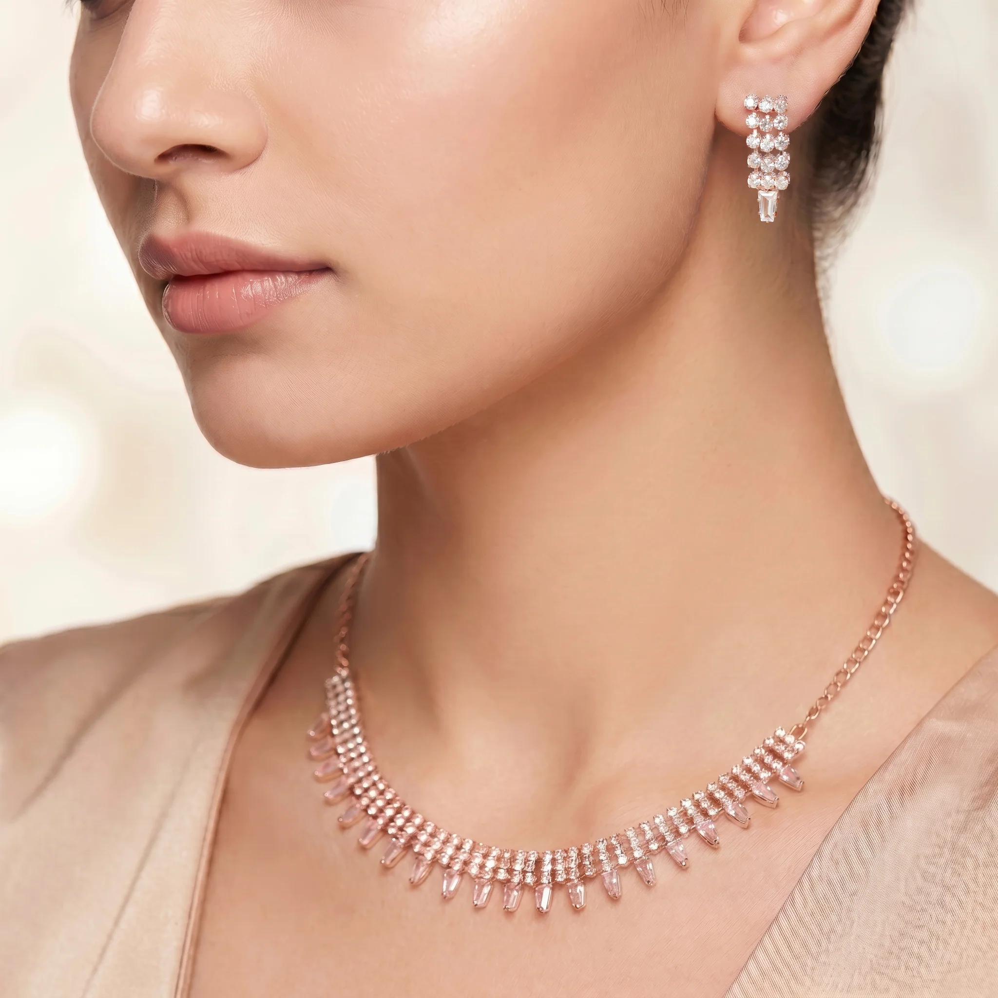 PRAO Necklace Anti-Tarnish Rhinestone & Baguette Choker Set With Earrings