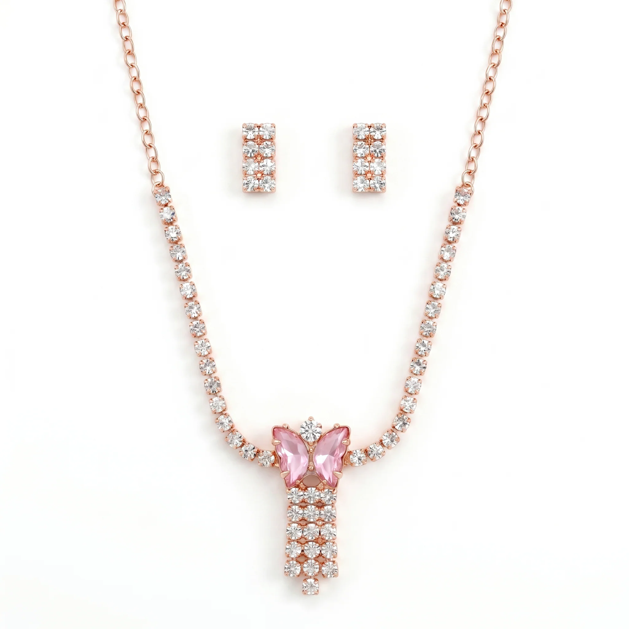 PRAO Necklace Anti-Tarnish Pink Butterfly Rhinestone Set With Earrings