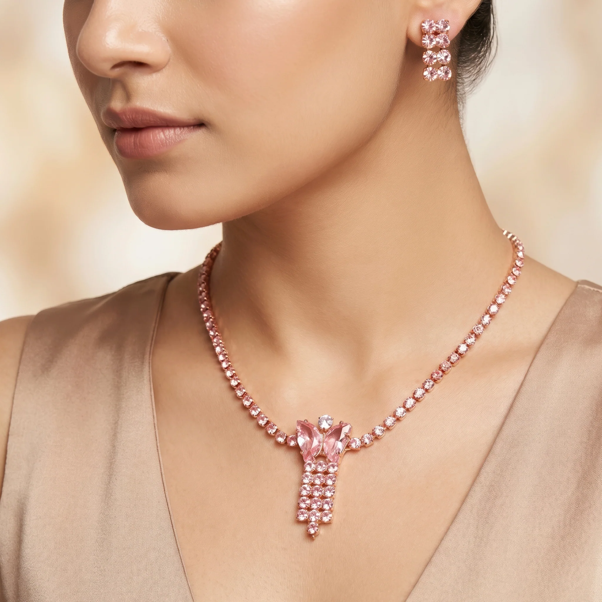 PRAO Necklace Anti-Tarnish Pink Butterfly Rhinestone Set With Earrings - Image 2