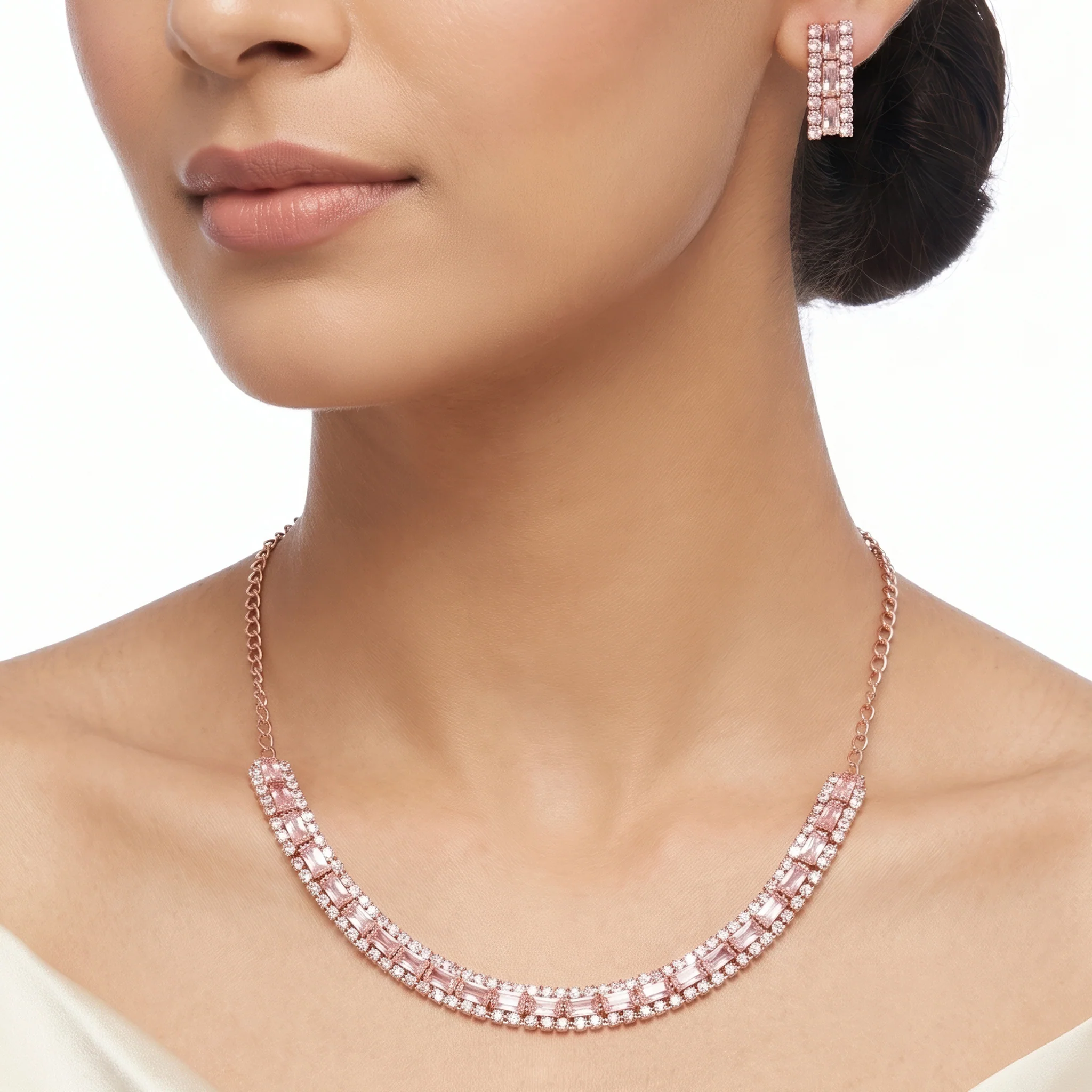 PRAO Necklace Anti-Tarnish Baguette & Round-Cut Crystal Choker Set With Earrings