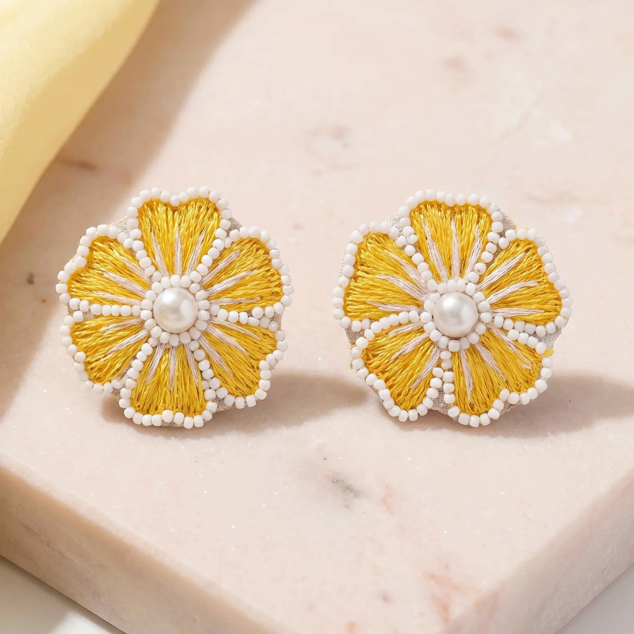 PRAO Earrings Anti-Tarnish Embroidered Yellow Floral - Image 4