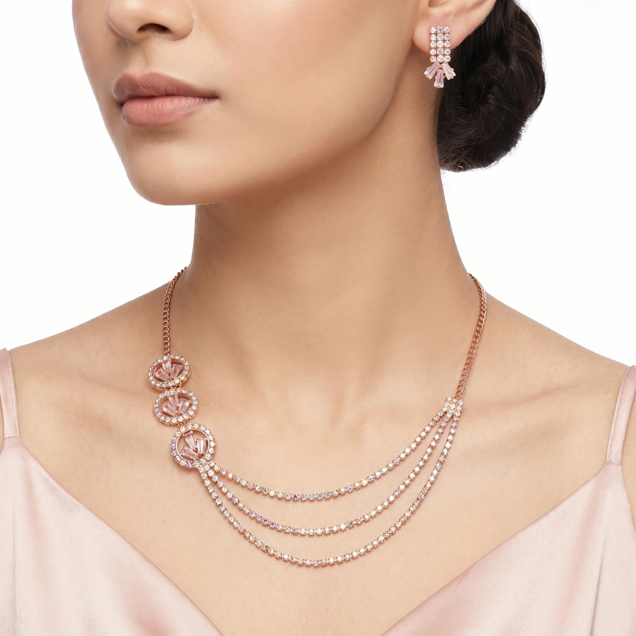 PRAO Necklace Anti-Tarnish Multi-Strand Crystal Pendant Set With Earrings