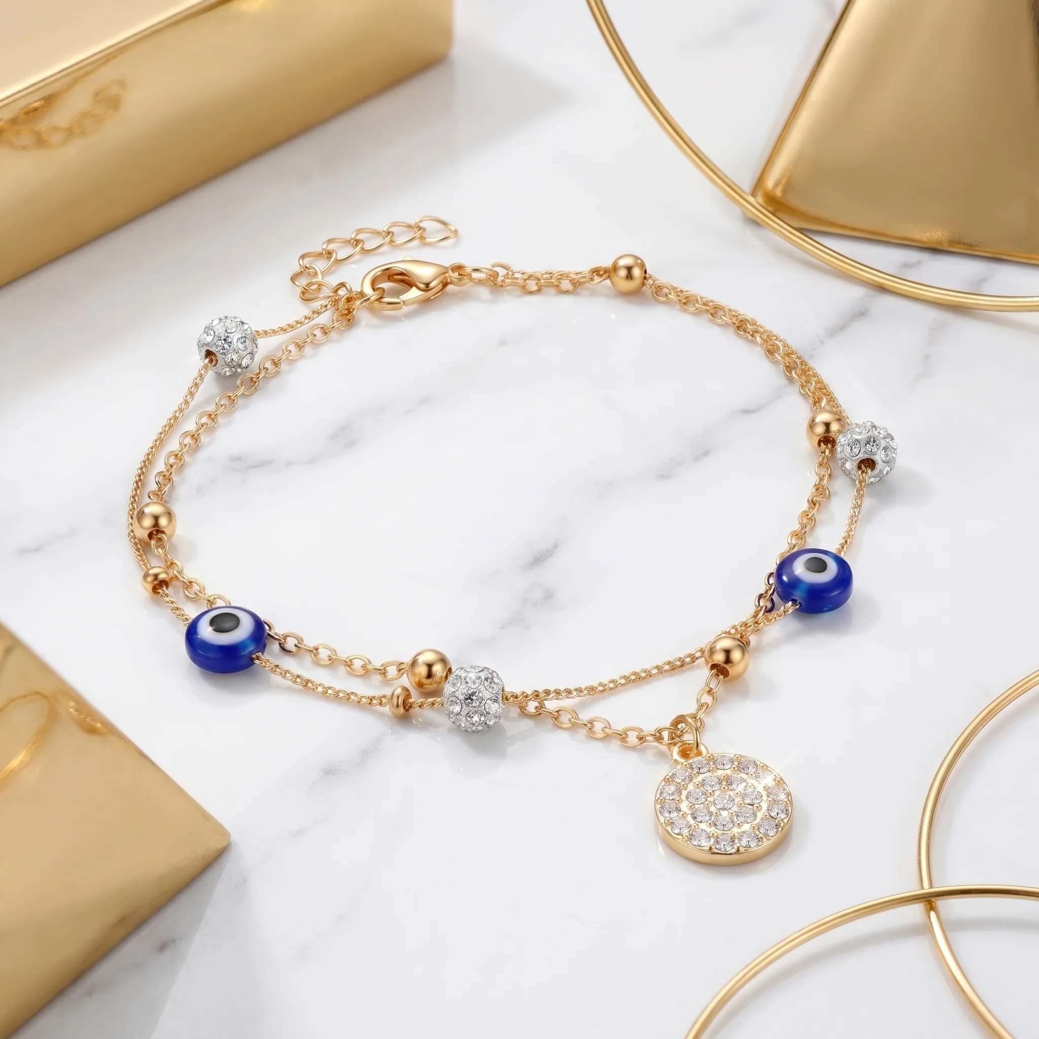 PRAO Anklet Anti-Tarnish Evil Eye Bead & Crystal Charm - Image 4