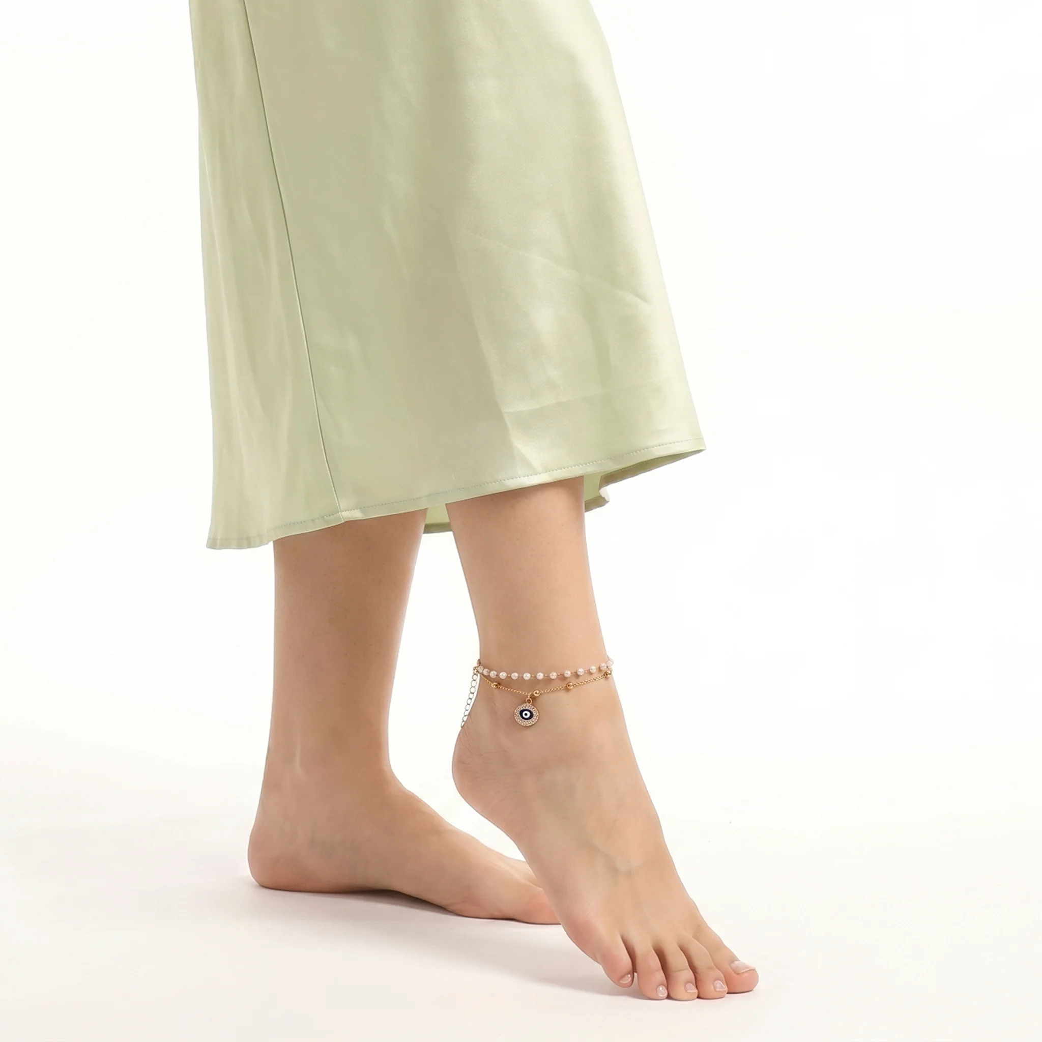 PRAO Anklet Anti-Tarnish Pearl & Crystal Evil Eye Layered - Image 3