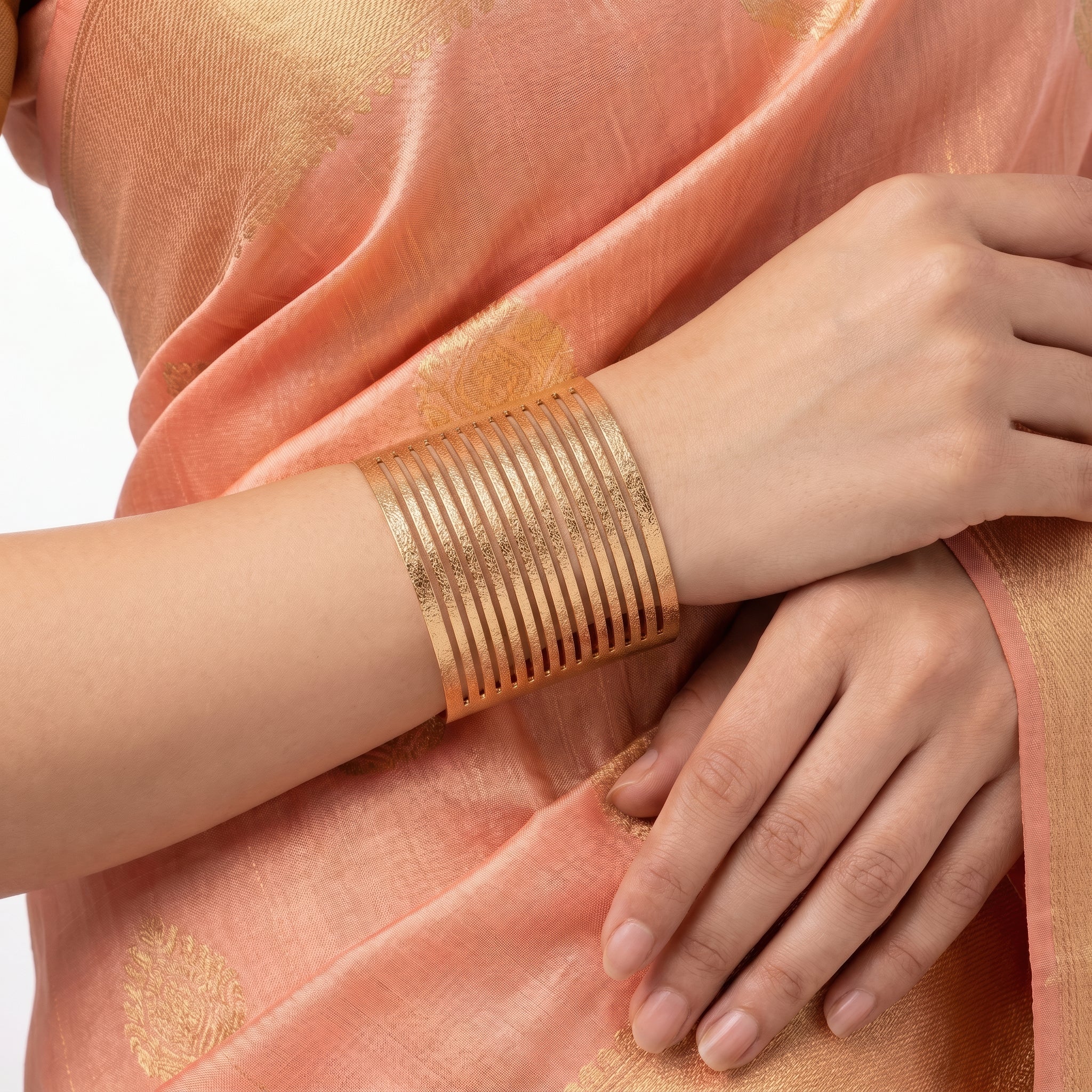 PRAO Bracelet Anti-Tarnish Wide Multi-Slat Textured Cuff (Adjustable Size) - Image 7