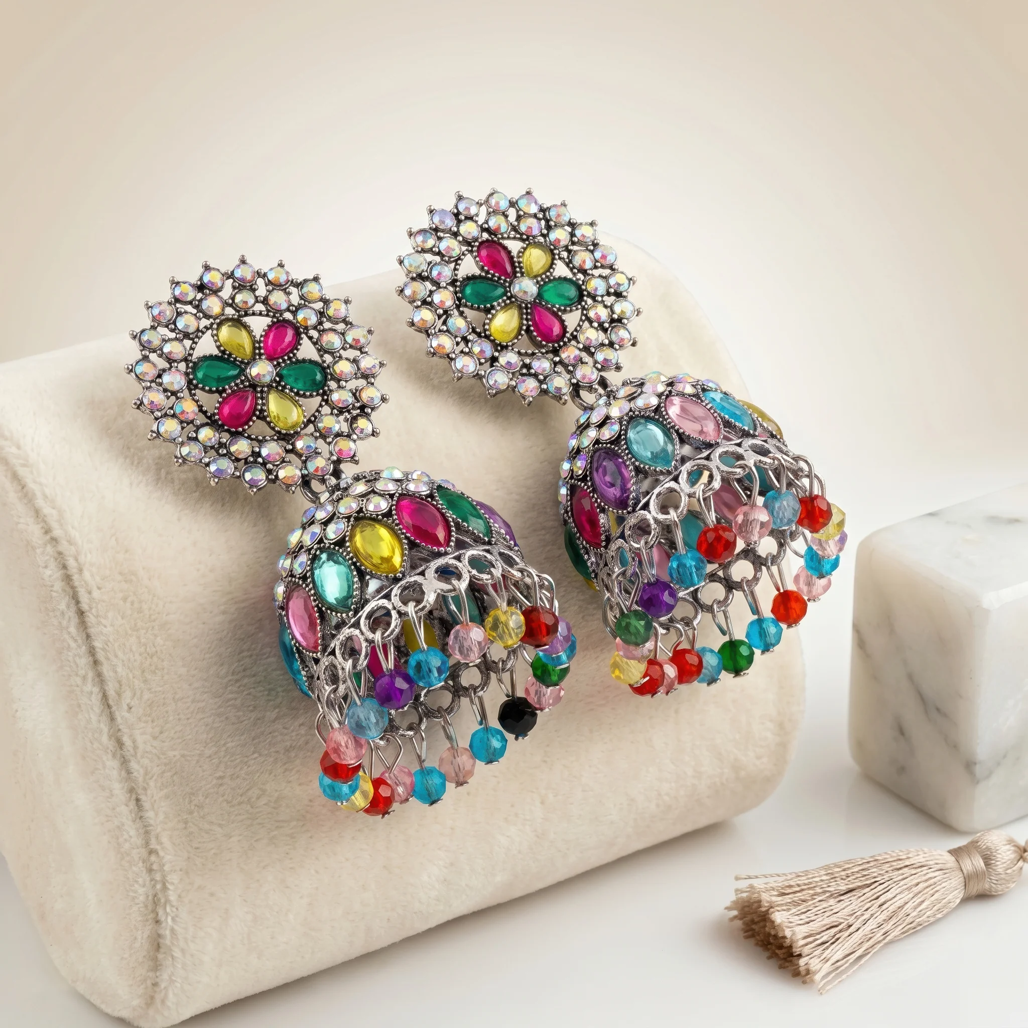 PRAO Earrings Anti-Tarnish Beaded Jhumka with Teardrops - Image 4