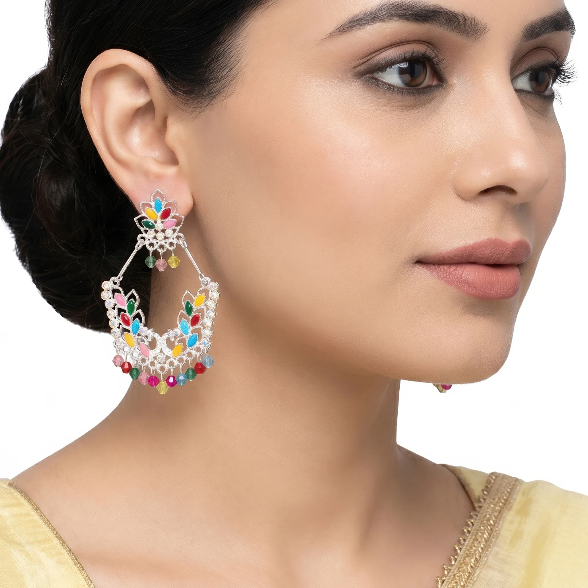 PRAO Earrings Anti-Tarnish Multi-Color Stone Hoops With Bead Charms - Image 2