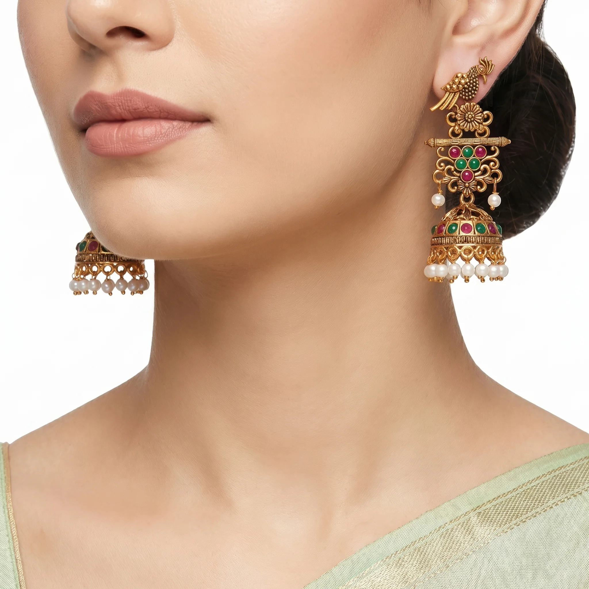 PRAO Earrings Anti-Tarnish Parrot & Floral Stone Jhumka - Image 2