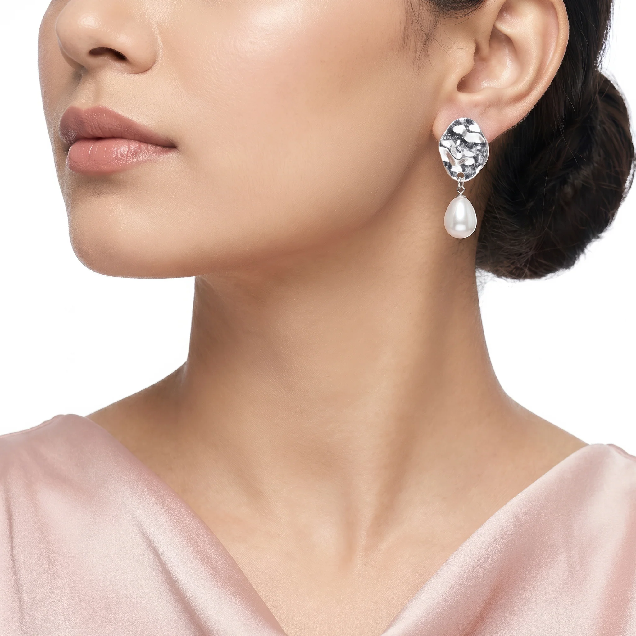PRAO Earrings Anti-Tarnish Hammered Metal Pearl Drop - Image 2