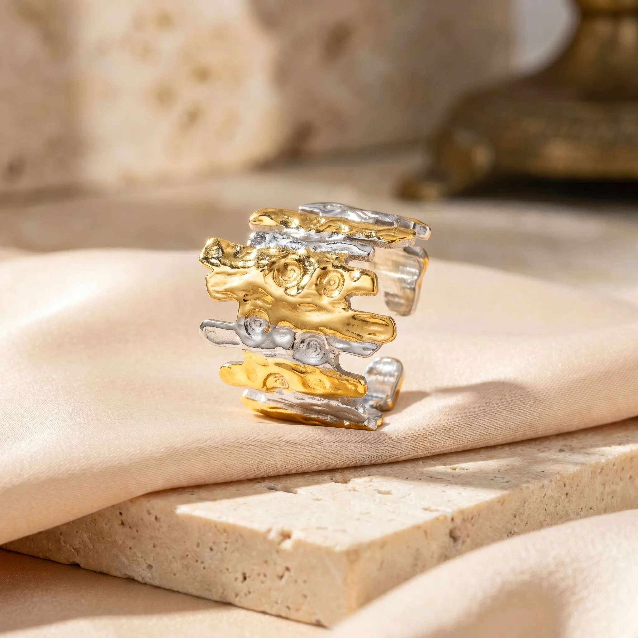PRAO Ring Anti-Tarnish Abstract Tree Bark Statement (Adjustable Size) - Image 5