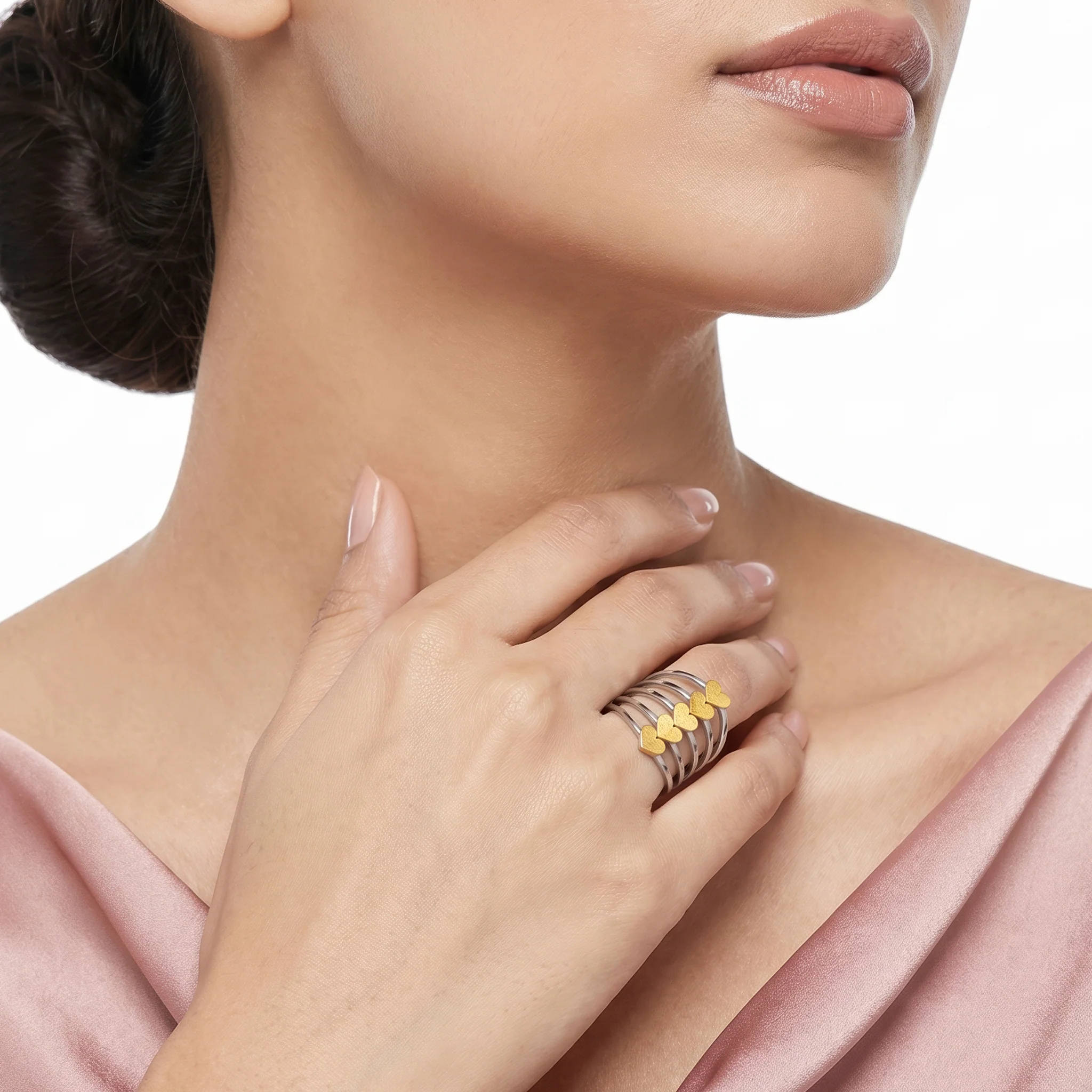 PRAO Ring Anti-Tarnish Multi-Band Heart Accent (Adjustable Size) - Image 3