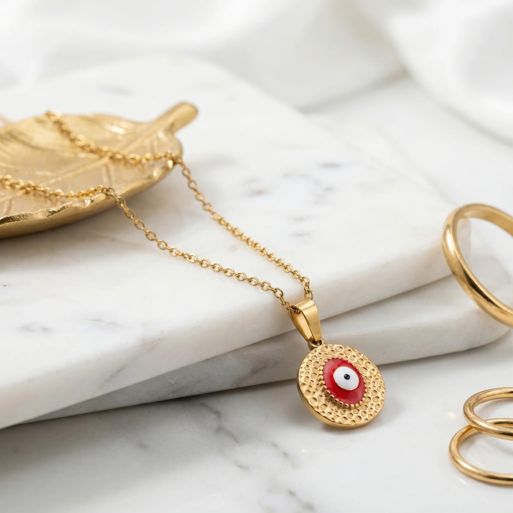 PRAO Necklace Anti-Tarnish Hammered Red Evil Eye - Image 4