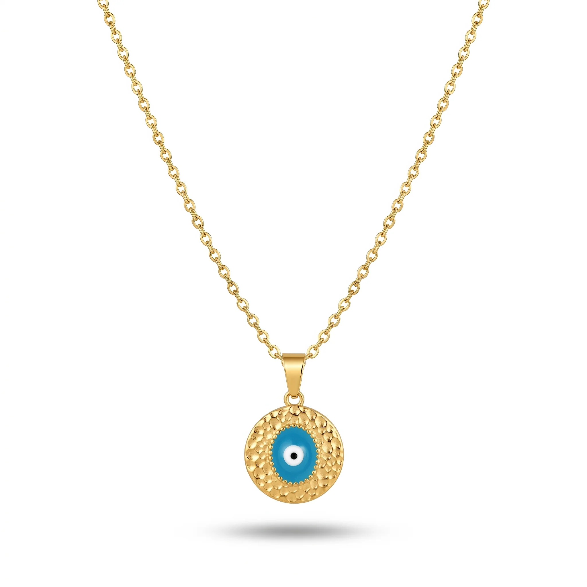 PRAO Necklace Anti-Tarnish Hammered Turquoise Evil Eye - Image 3