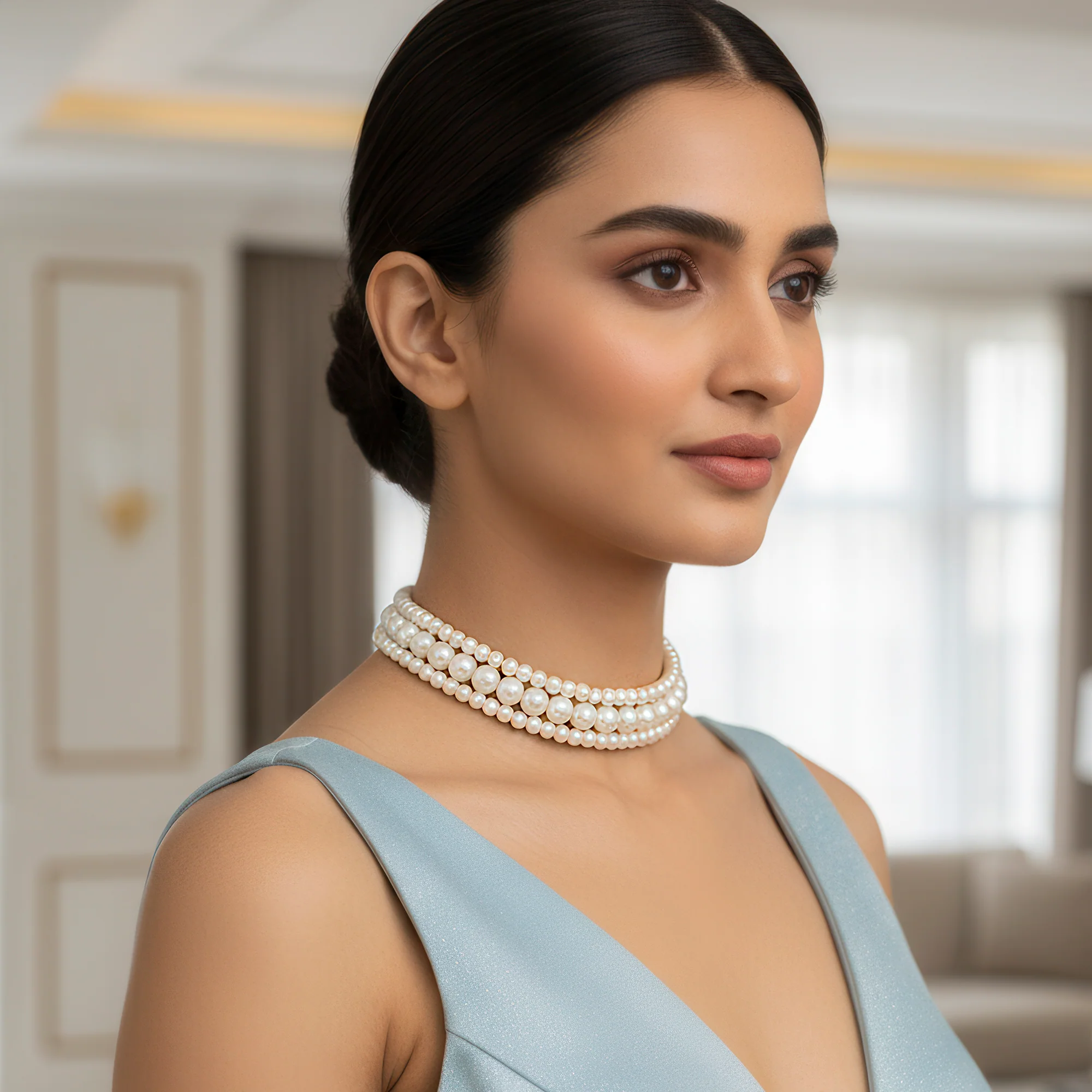 PRAO Necklace Triple Layer White Pearl Choker - Image 4