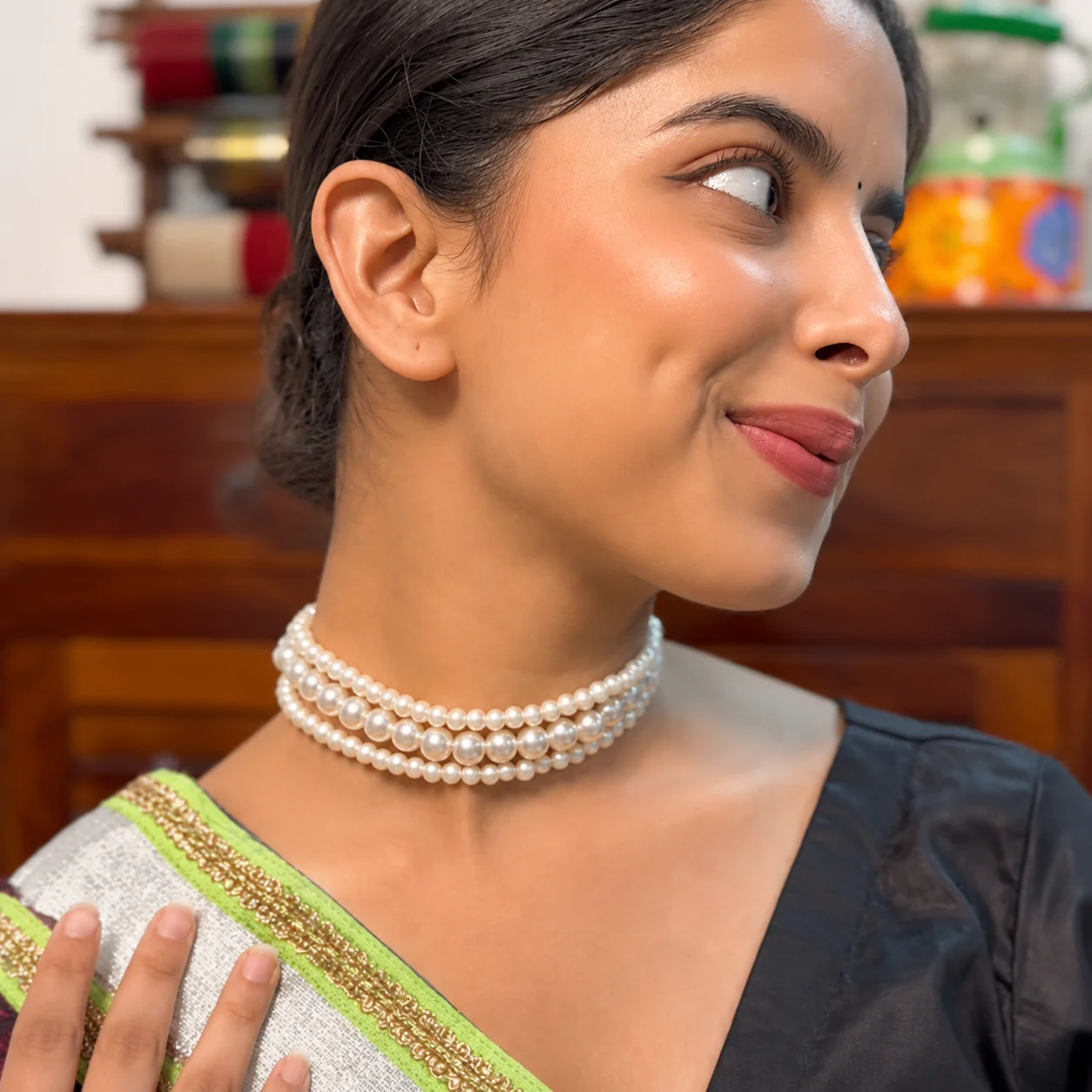 PRAO Necklace Triple Layer White Pearl Choker - Image 5