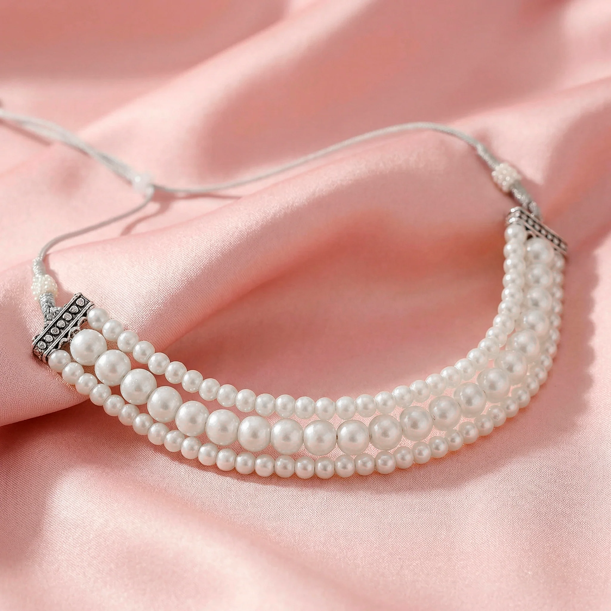 PRAO Necklace Triple Layer White Pearl Choker - Image 6
