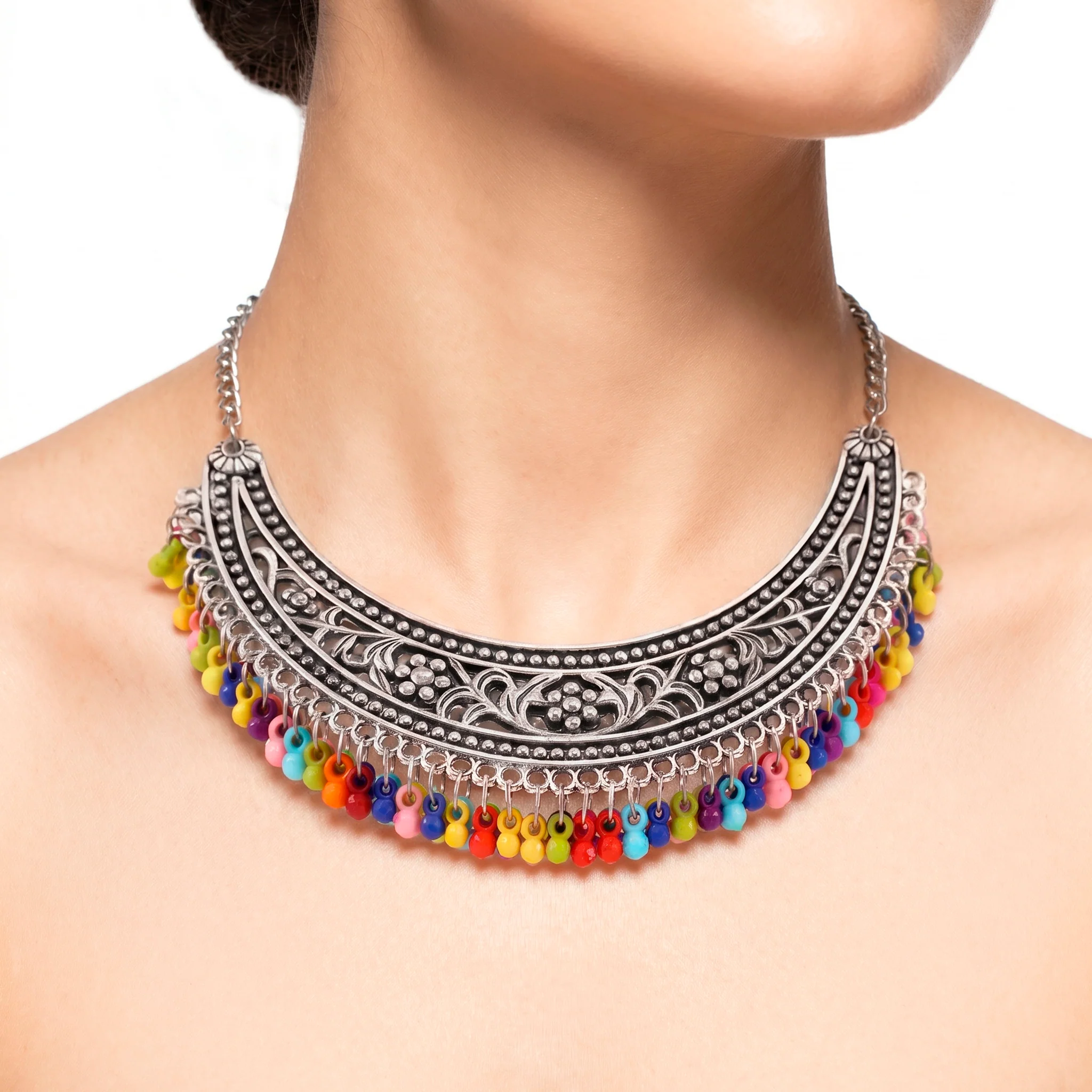 PRAO Necklace Anti-Tarnish Ethnic Statement With Colorful Acrylic Ghungroo Hangings - Image 2