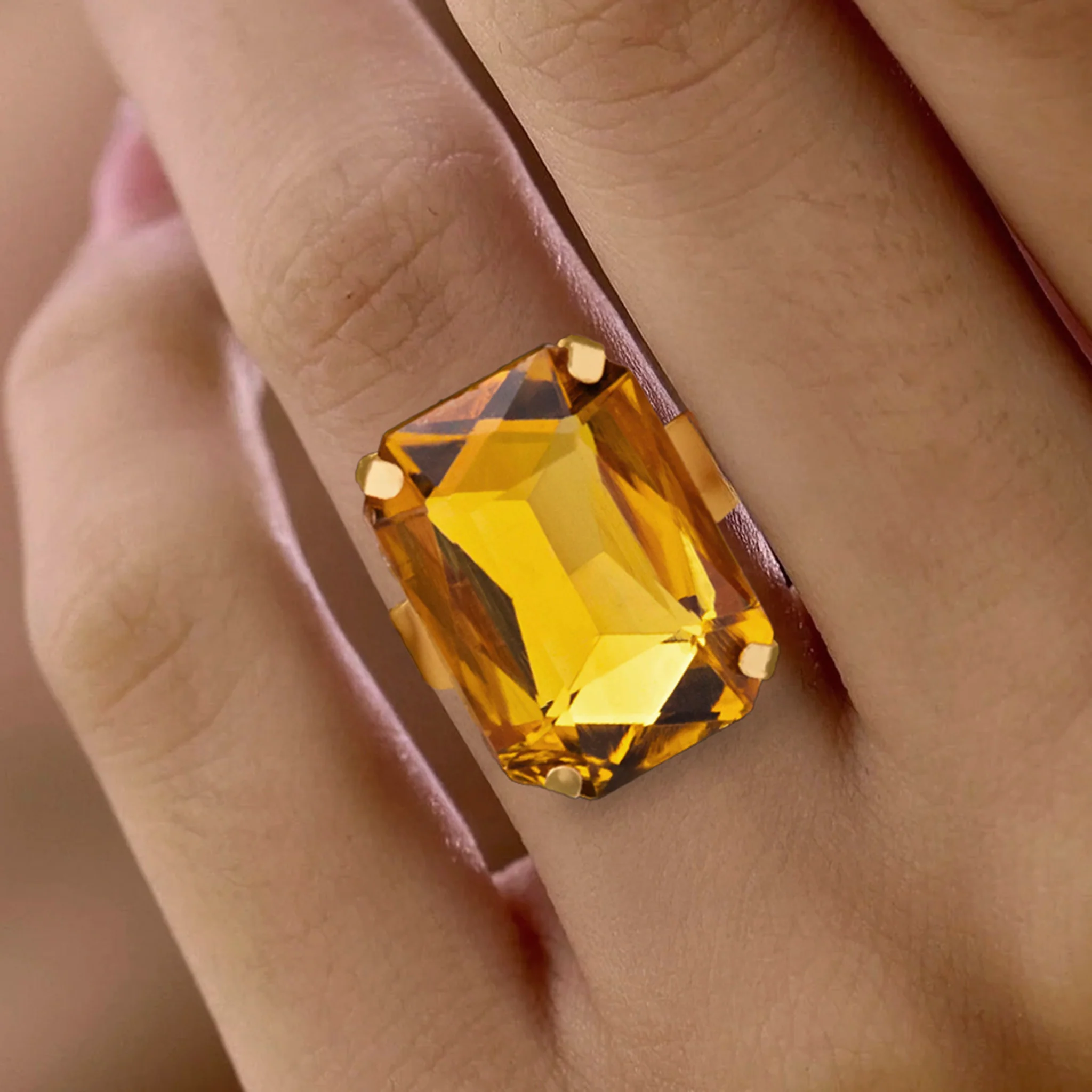 PRAO Ring Anti-Tarnish  Rectangle Shape Light Topaz Crystal (Adjustable Size) - Image 3