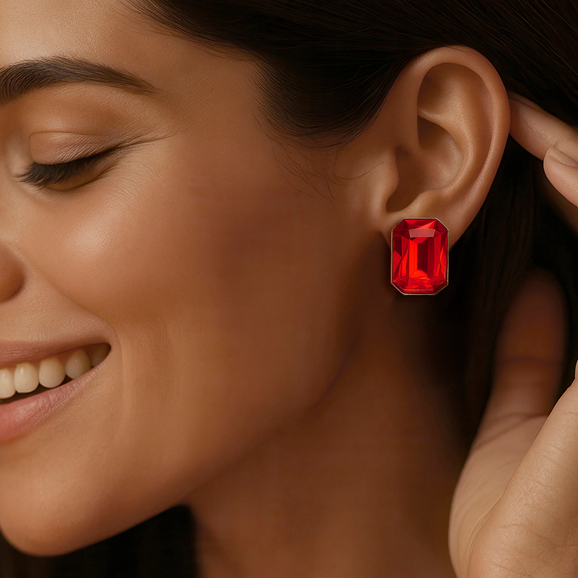 PRAO Earrings Anti-Tarnish Rectangle Shape Siam Red Crystal Studs - Image 3