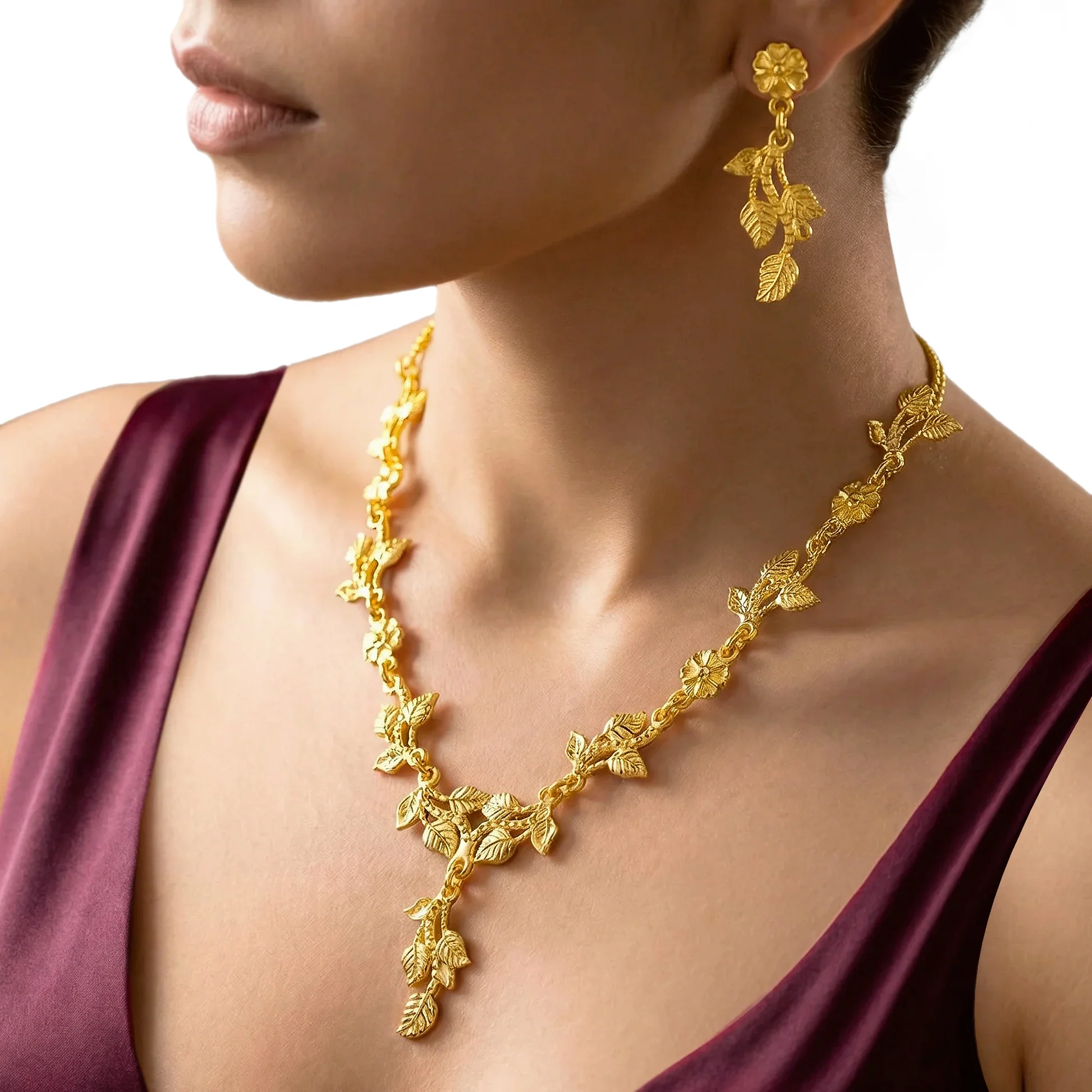 PRAO Necklace Anti-Tarnish Nature-Inspired Vine, Leaf, And Floral Motif Chain Set With Earrings