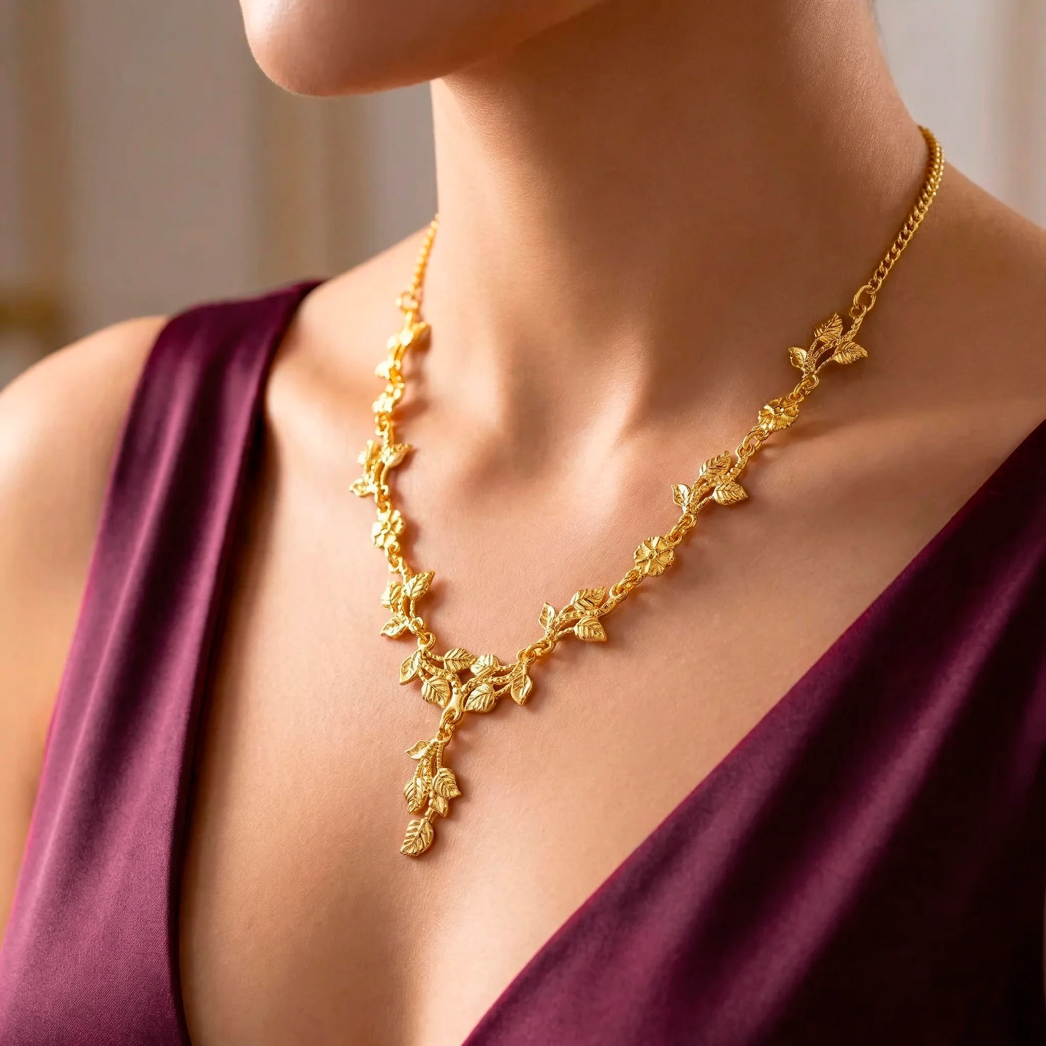 PRAO Necklace Anti-Tarnish Nature-Inspired Vine, Leaf, And Floral Motif Chain Set With Earrings - Image 3