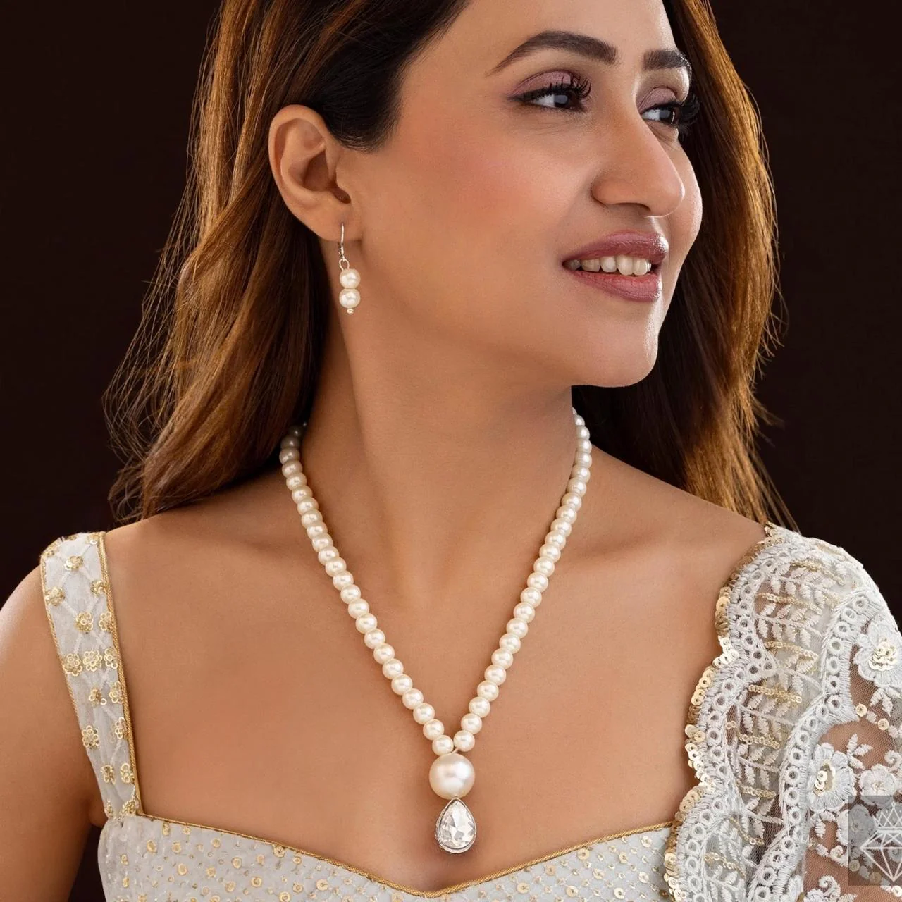 PRAO Necklace Elegant Pearls Set With Crystal Pendant & Earrings