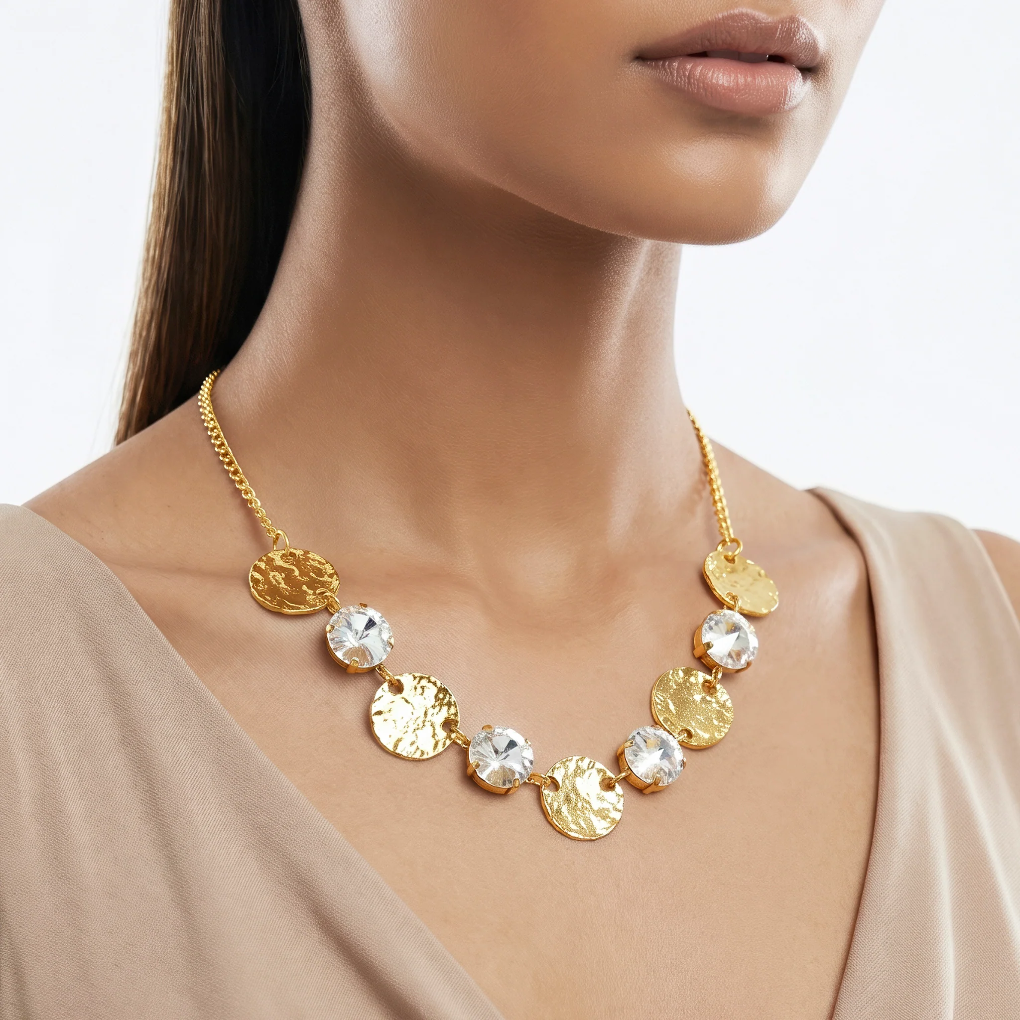PRAO Necklace Anti-Tarnish Hammered Gold Plated Coins & Crystals Statement Set - Image 3