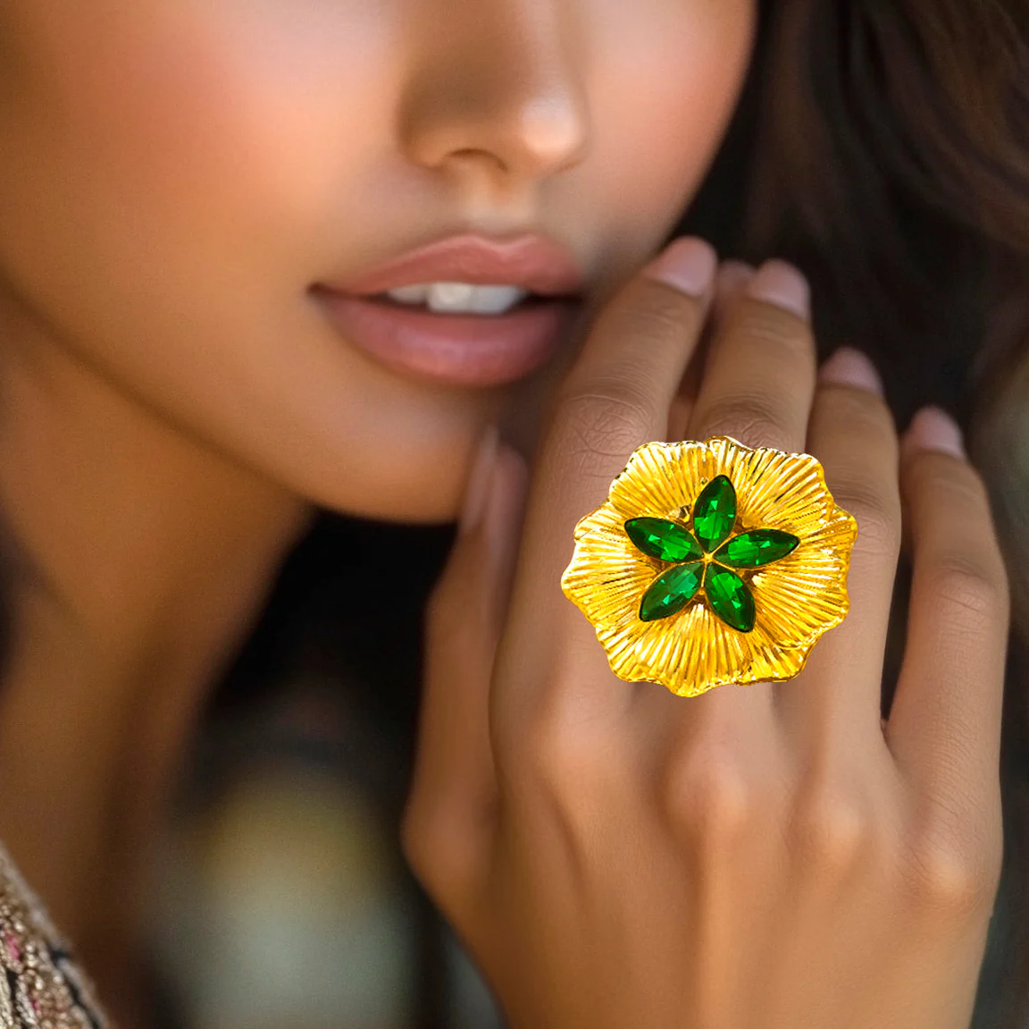 PRAO Ring Anti-Tarnish Emerald Flower (Adjustable Size) - Image 5