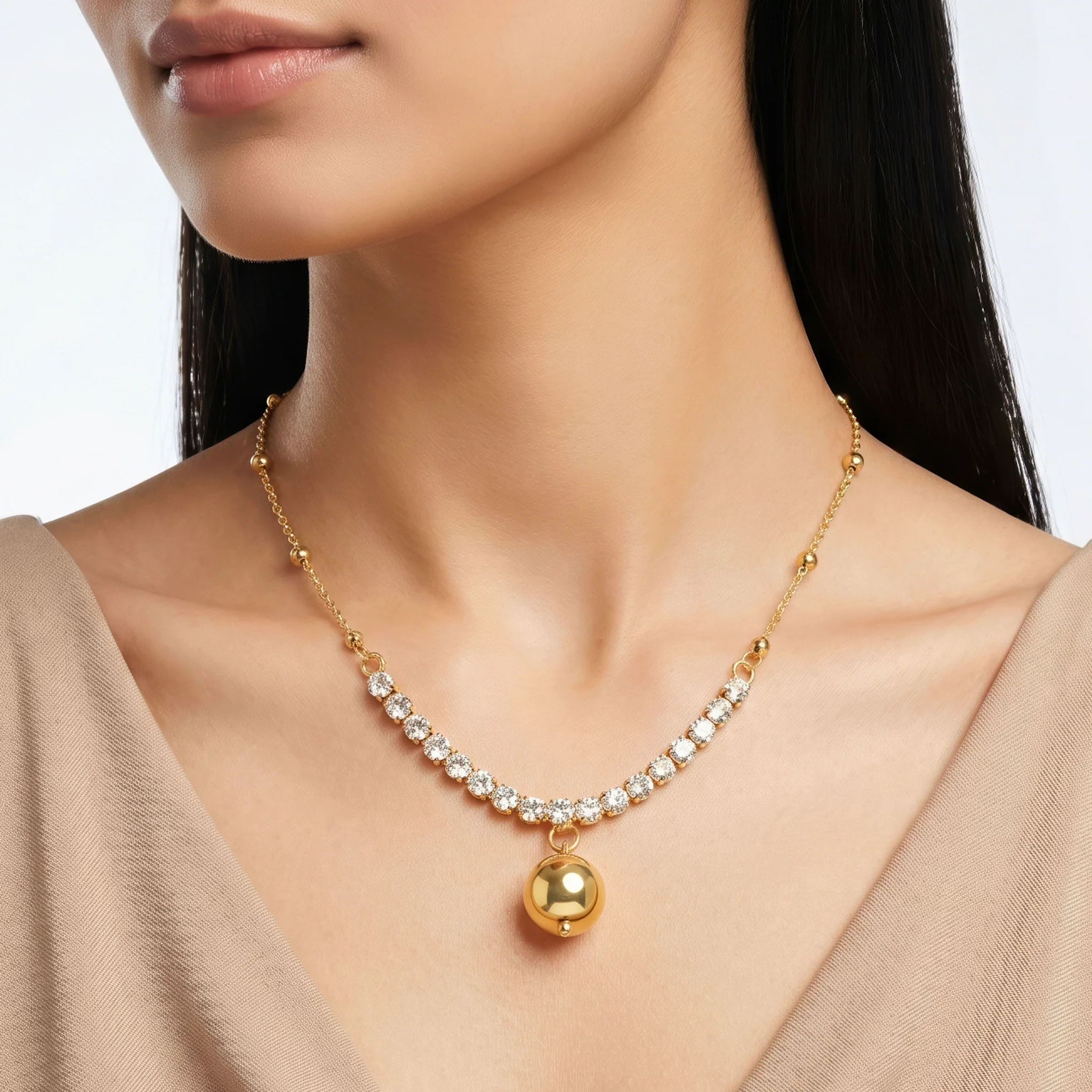 PRAO Necklace Anti-Tarnish Gold Plated Rhinestone Ball Pendant Chain Crystals Set - Image 2