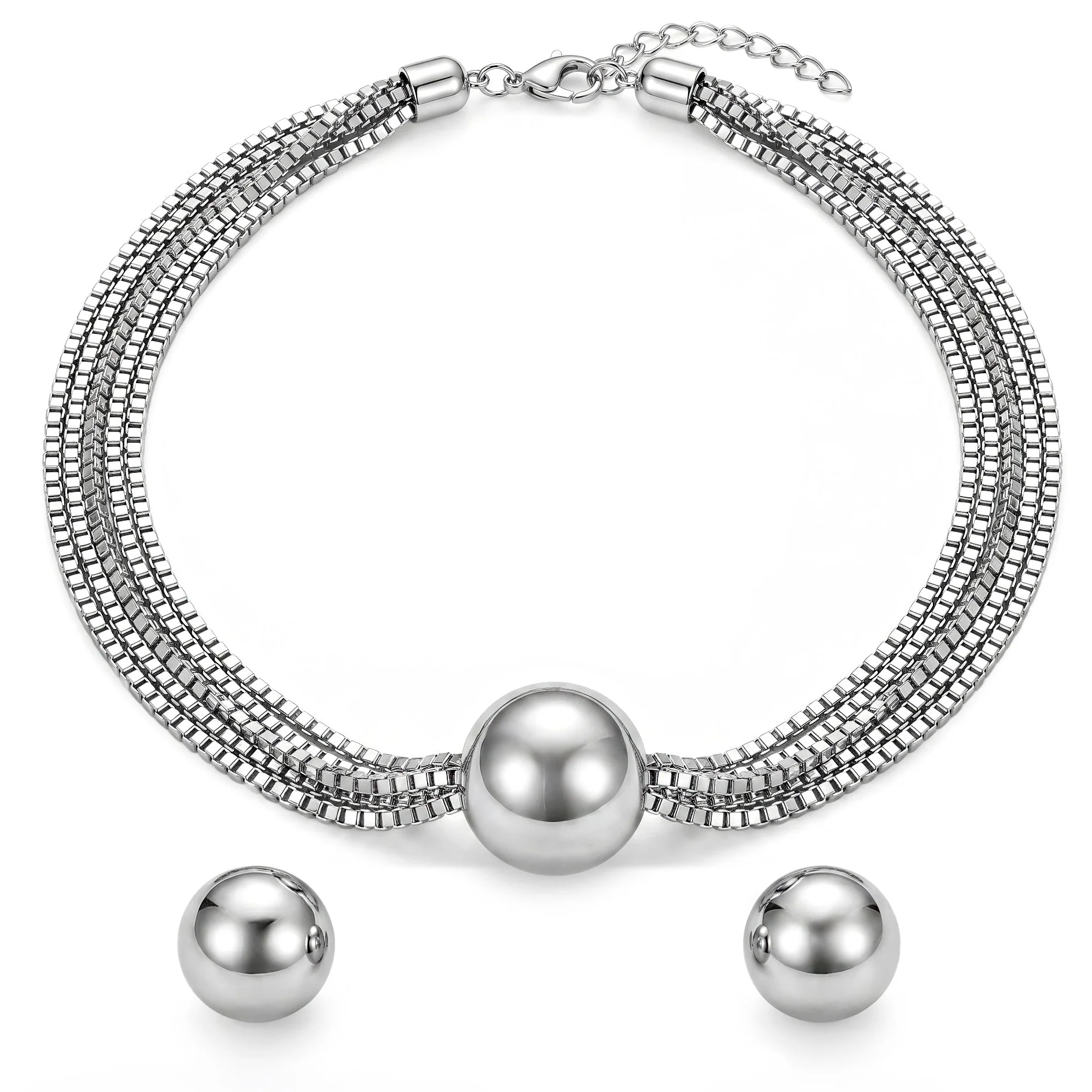 PRAO Necklace Anti-Tarnish Silver Plated Box Chain Set with Earrings