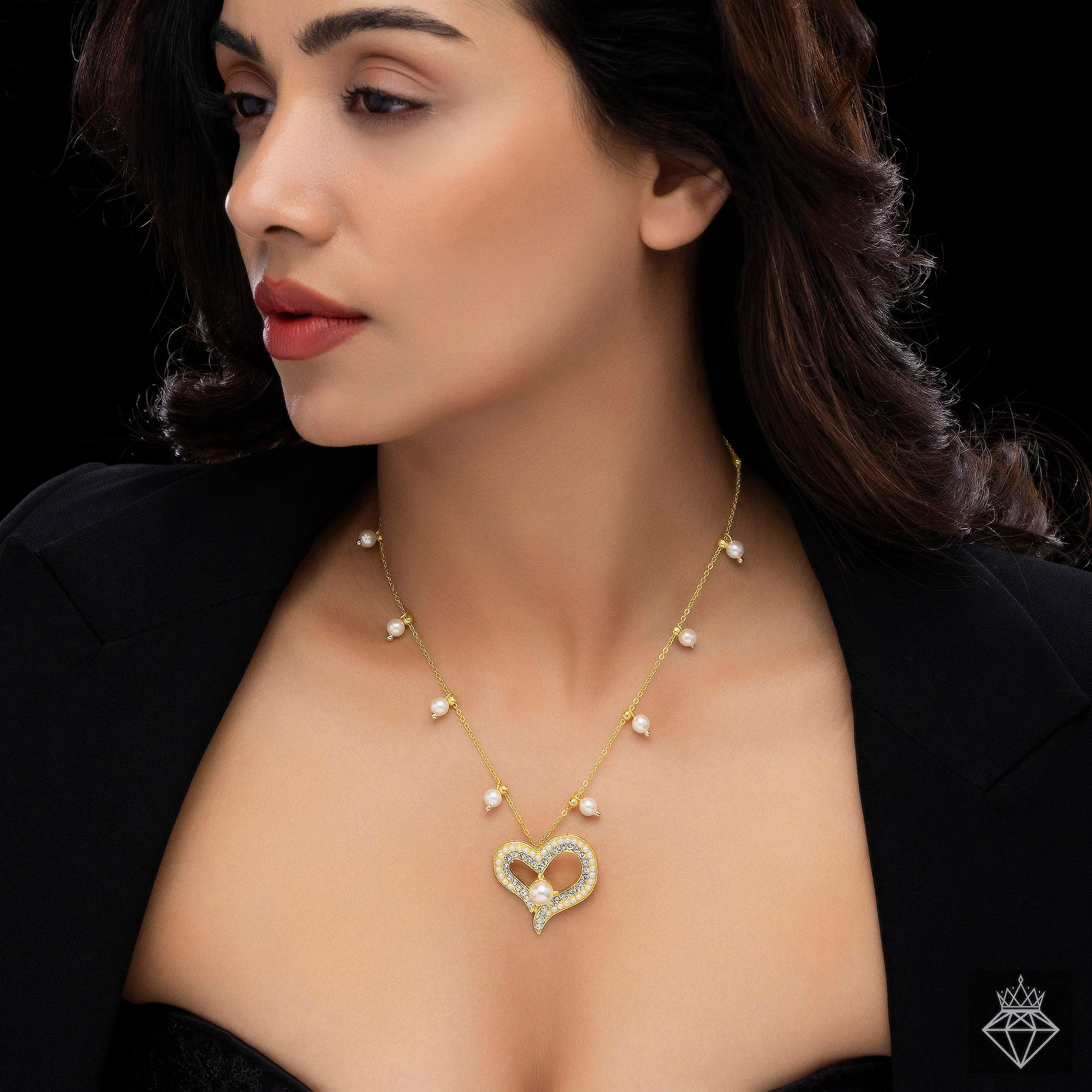 PRAO Necklace Anti-Tarnish Gold Plated Crystal Studded Heart With Pearls - Image 4